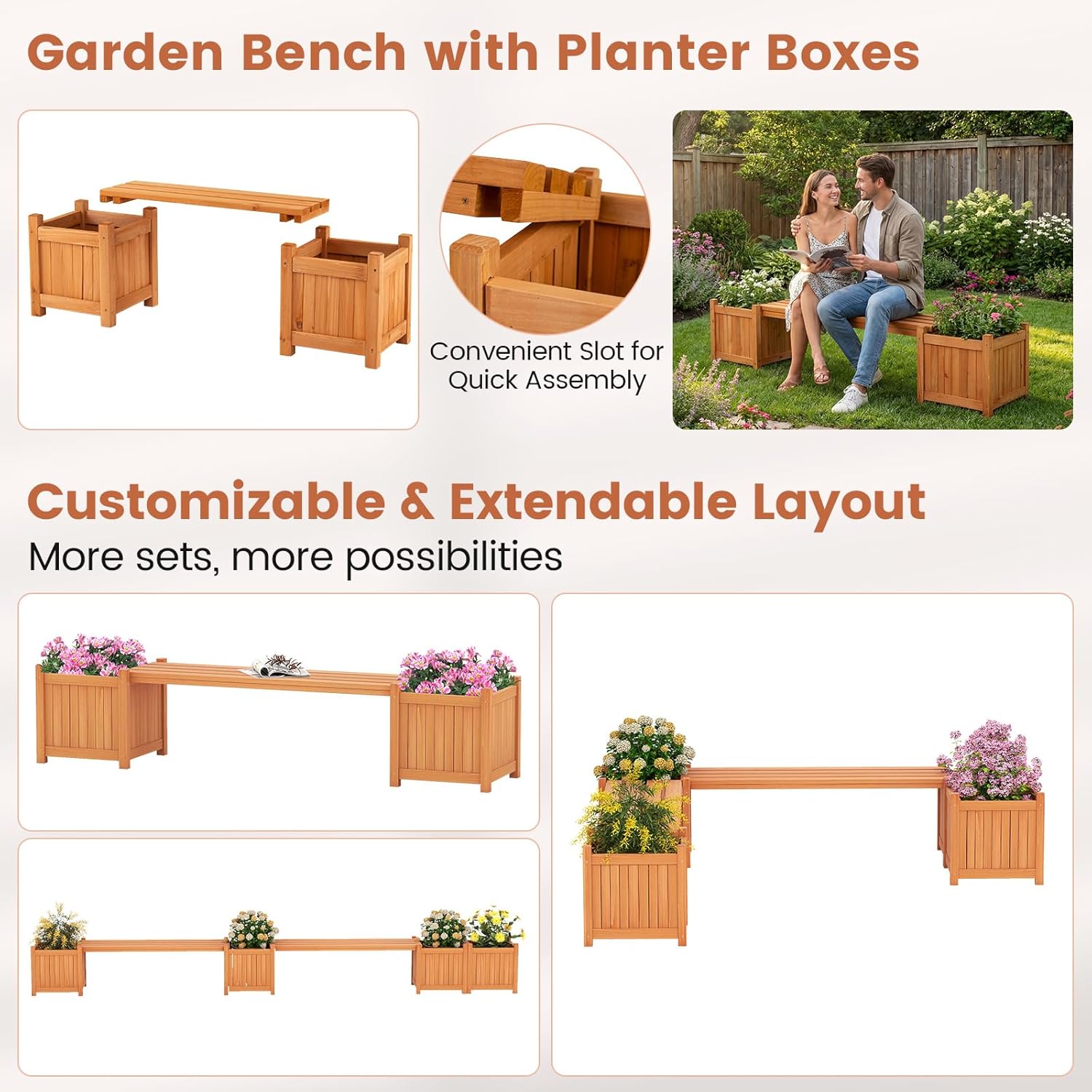 Garden Planter with Bench 170cm Wooden Raised Bed Seat Box