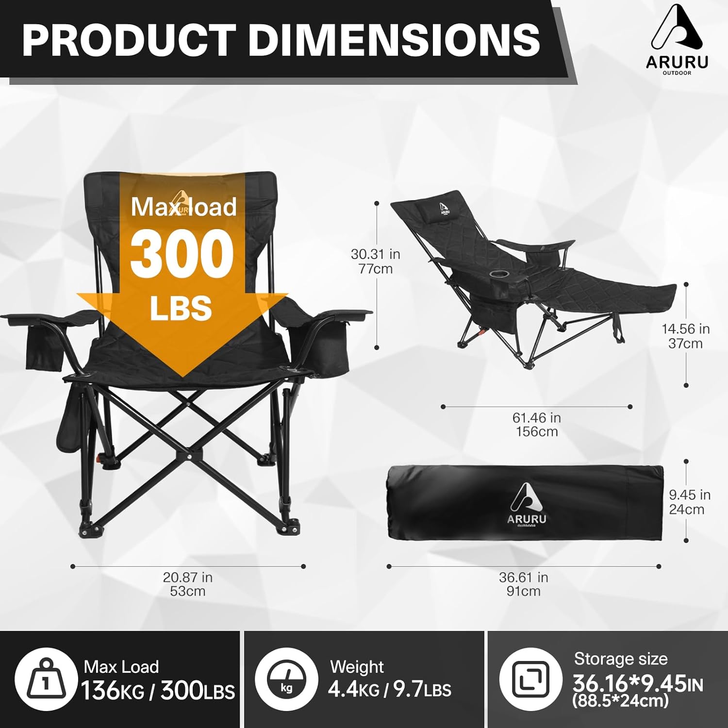 Set of 2 Reclining Camping Chairs with Footrest 300lb