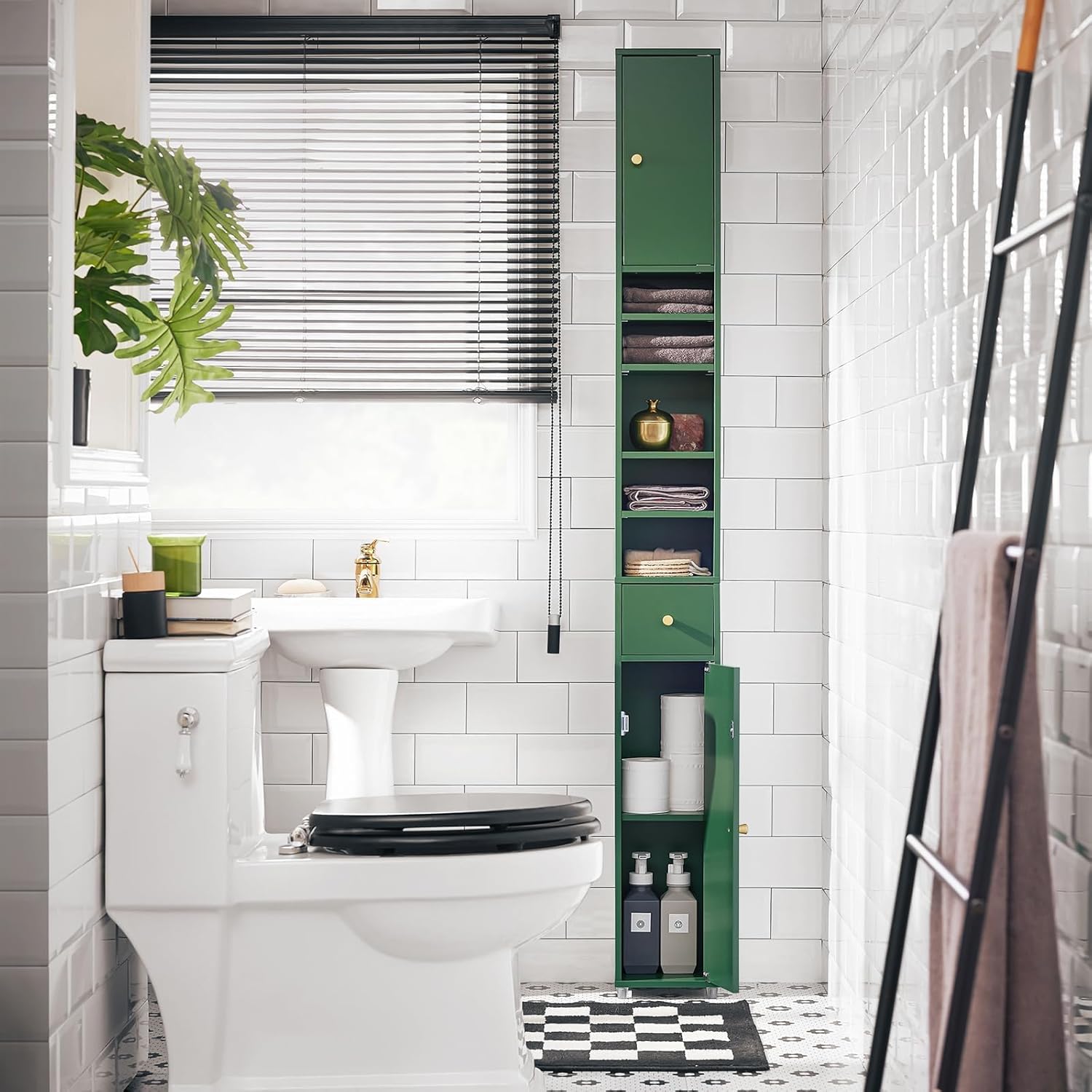 Tall Slim Bathroom Storage Cabinet Drawer Adjustable Shelves Green