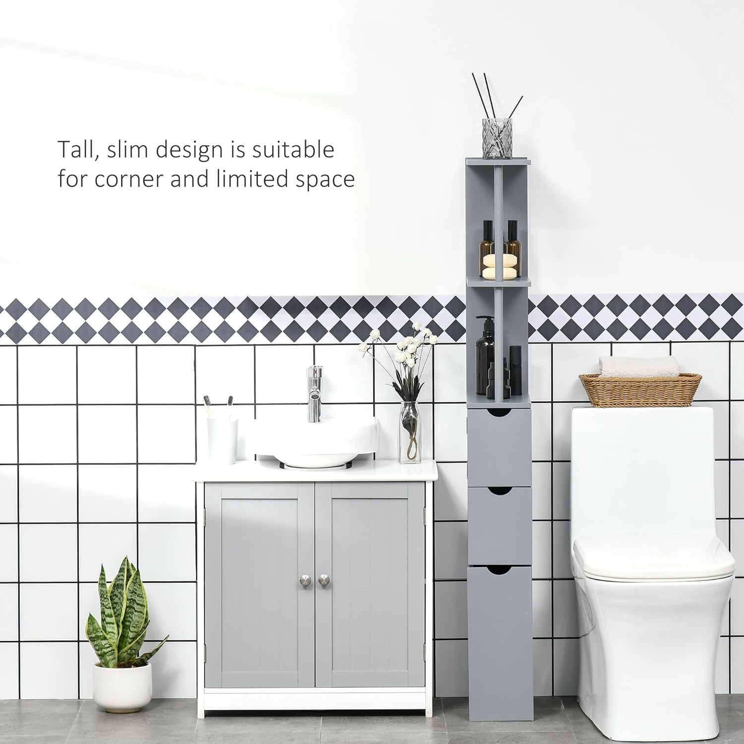 Slim Tall Bathroom Cabinet Grey 2 Drawers 5 Tier 136cm
