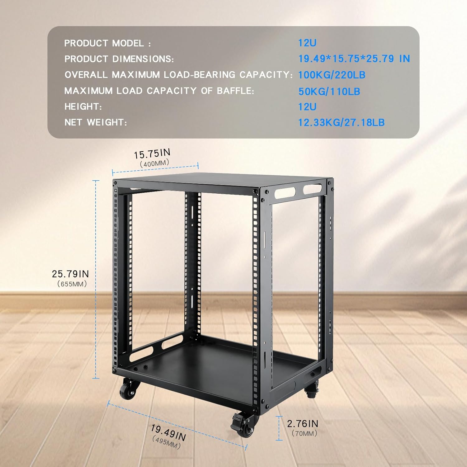 12U Open Frame Server Rack with Wheels 4 Post Mobile Stand