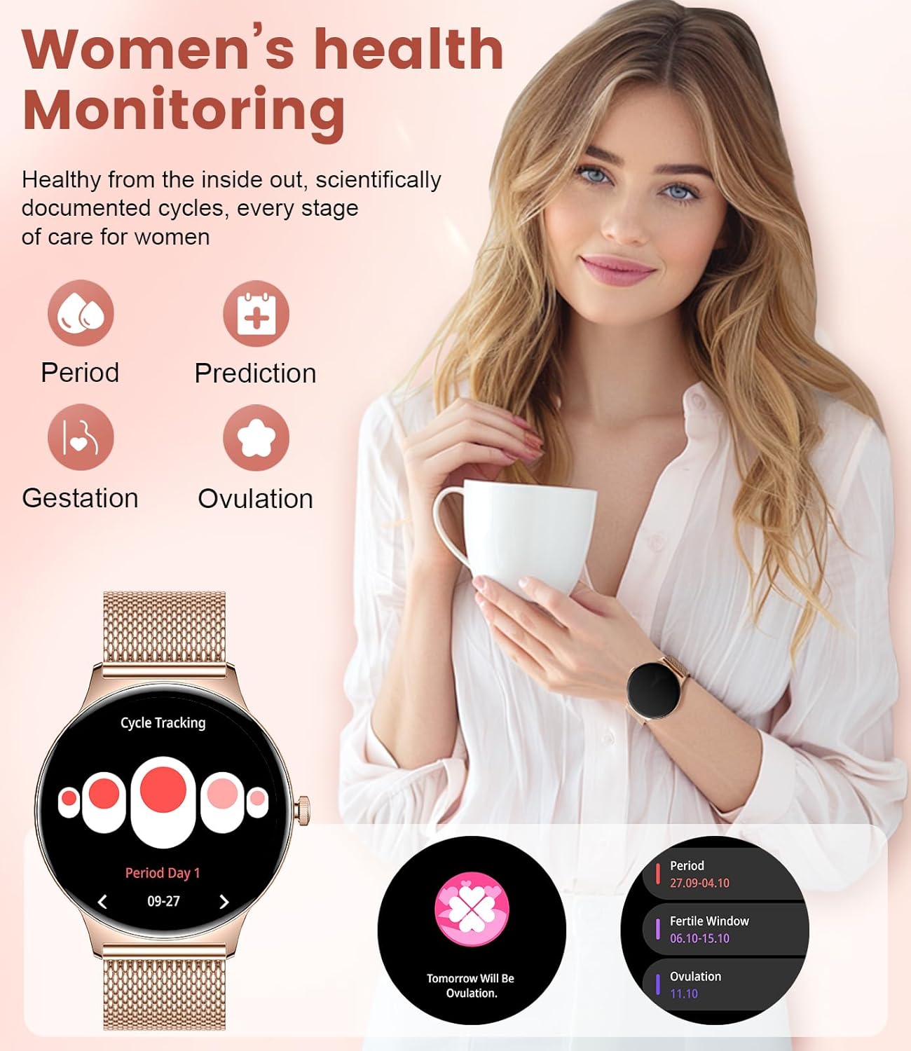 Rose Gold Women AMOLED Smart Watch 110 Sports