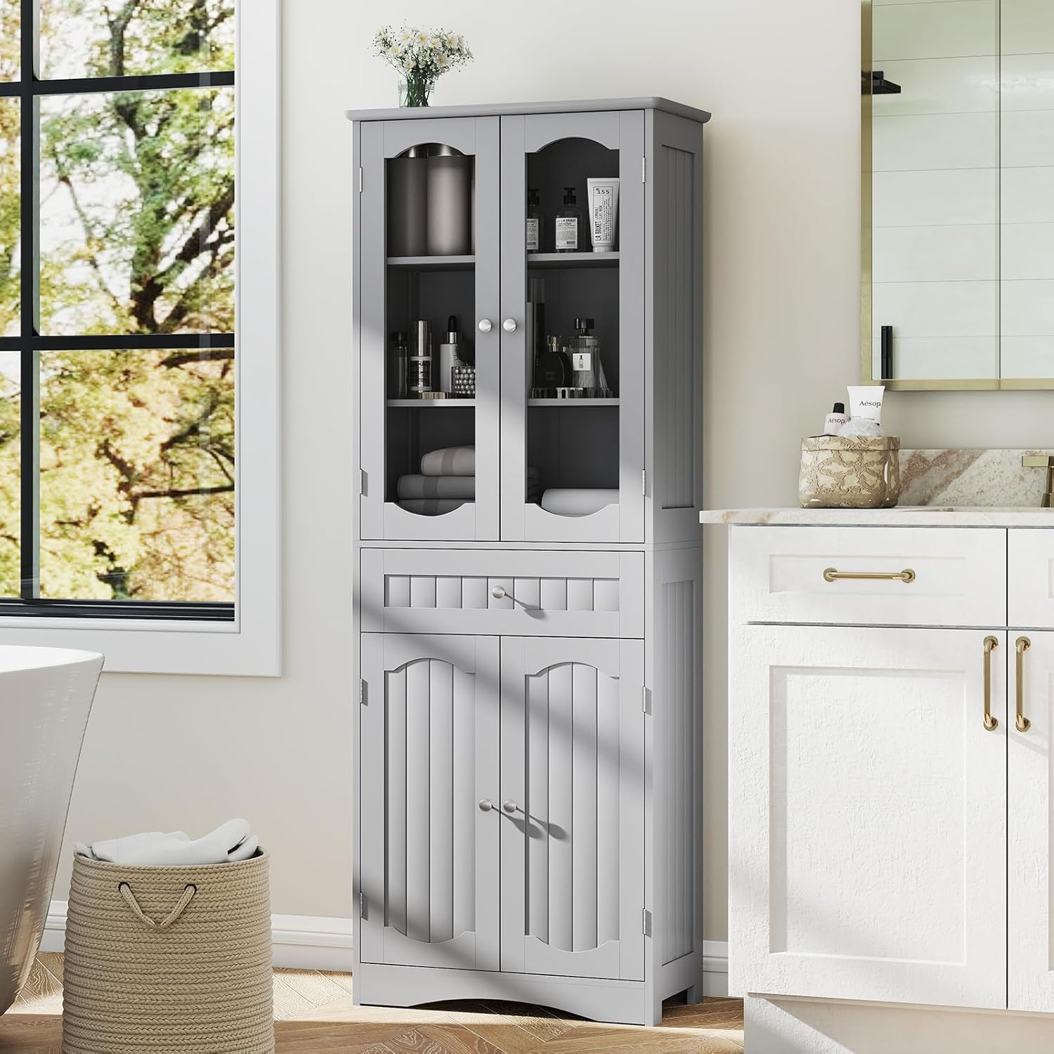 Tall Bathroom Cabinet Glass Door Drawer Shelf Unit Grey