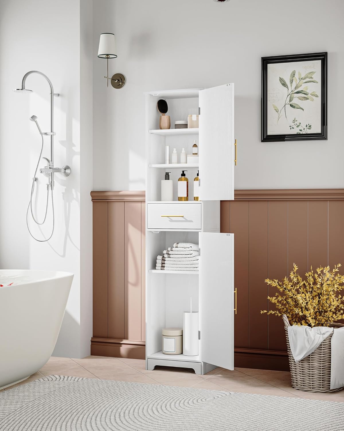 Tall Slim Storage Cabinet White Drawer Doors Shelf Unit
