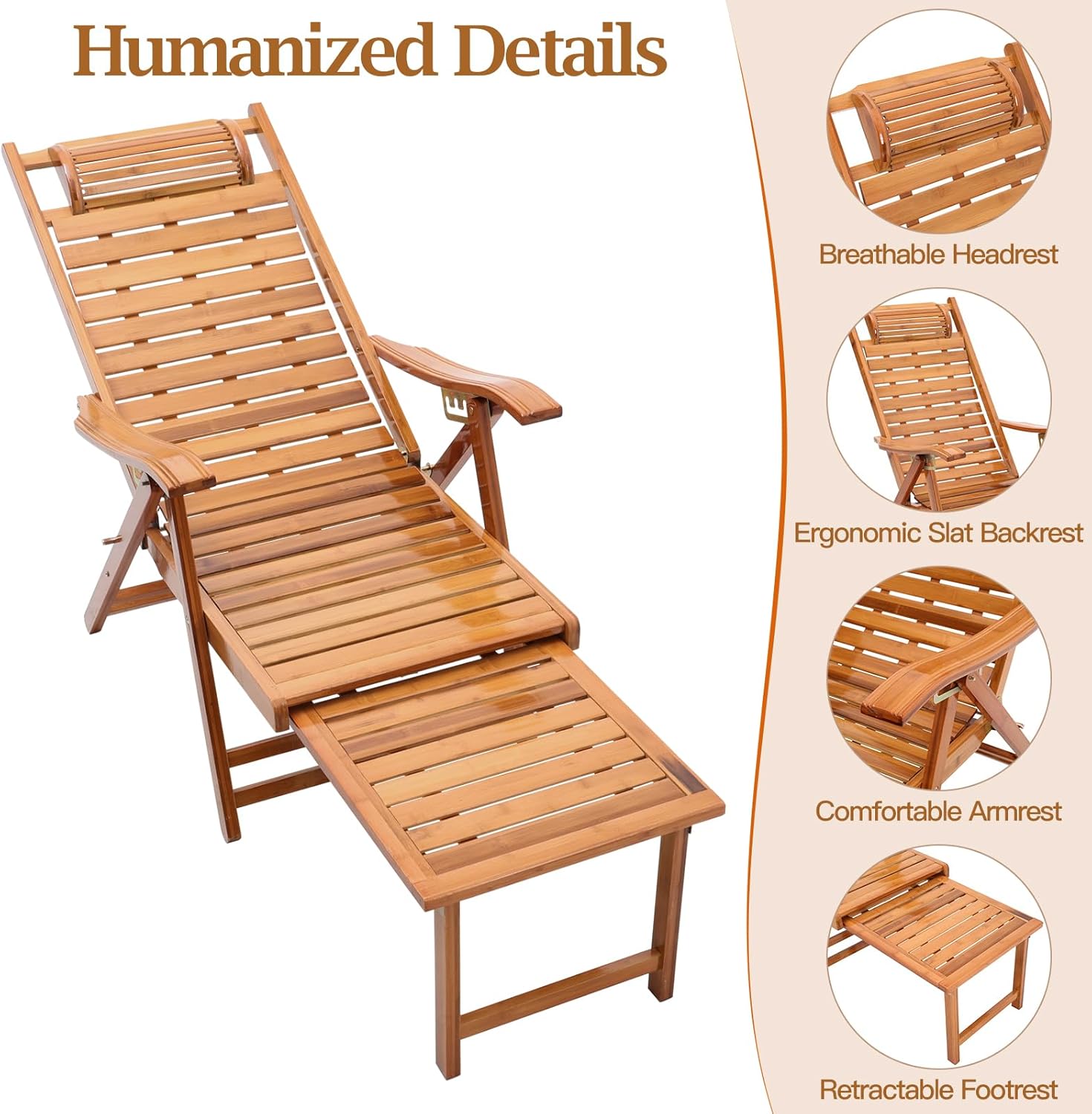 Wooden Sun Lounger Foldable 5 Position Recliner 1pc
