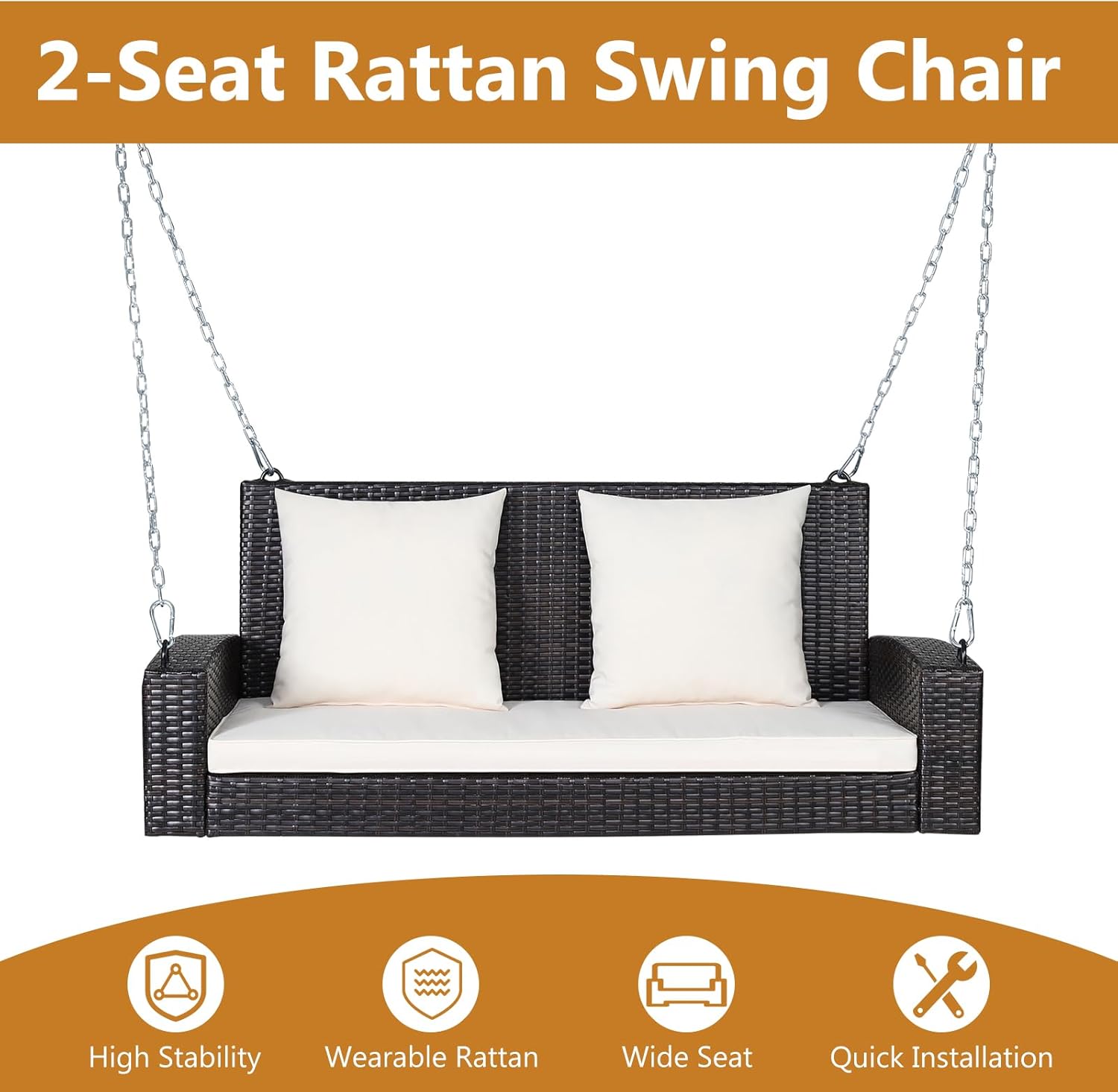 2 Person Rattan Swing Bench with Stand White Cushions