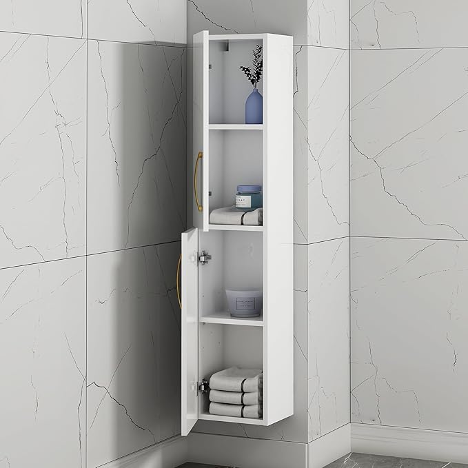 Gloss White Wall Hung Tall Bathroom Cabinet Gold Handle