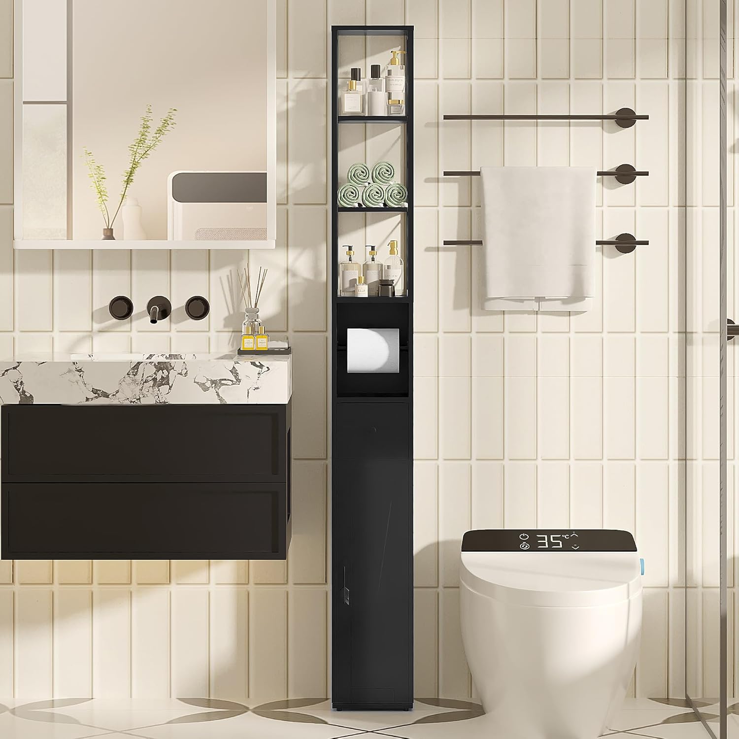 Slim Bathroom Tall Cabinet Door Drawer Shelf Unit Black