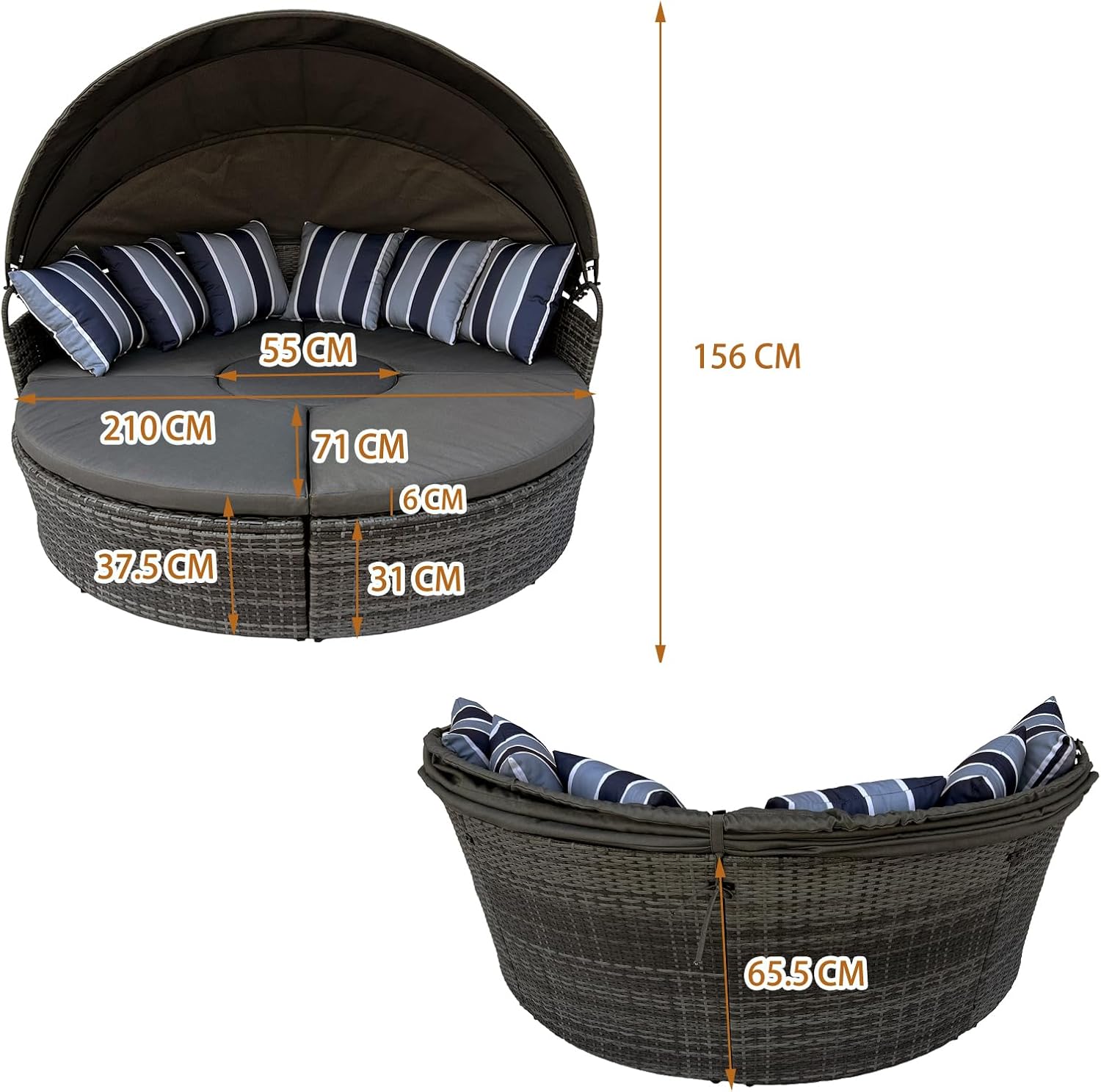 Outdoor Round Daybed Sun Island Lounger 210CM Grey