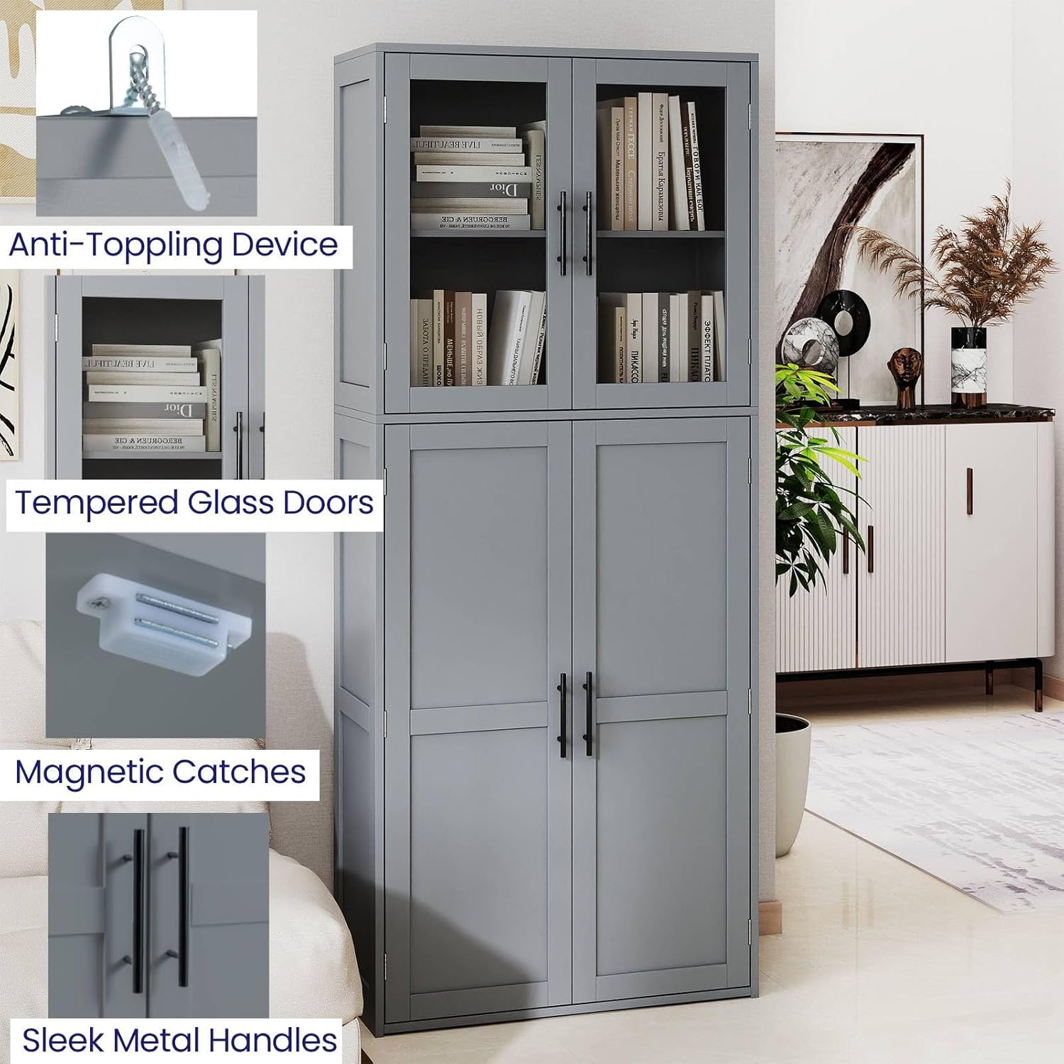 Tall Storage Cabinet Grey Adjustable Shelves Hook Unit