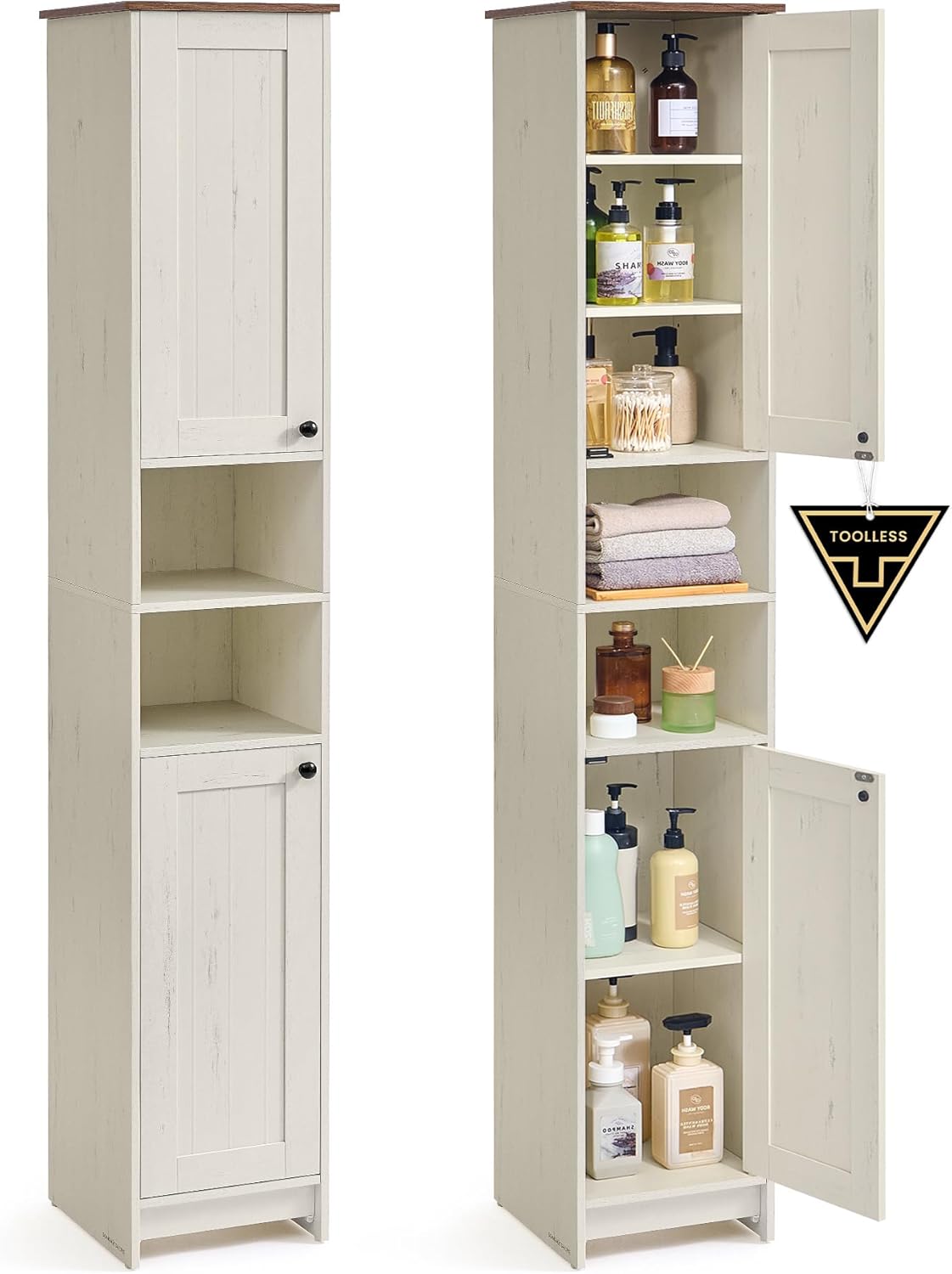 Slim Tall Storage Cabinet Rustic White Adjustable Shelves 170cm