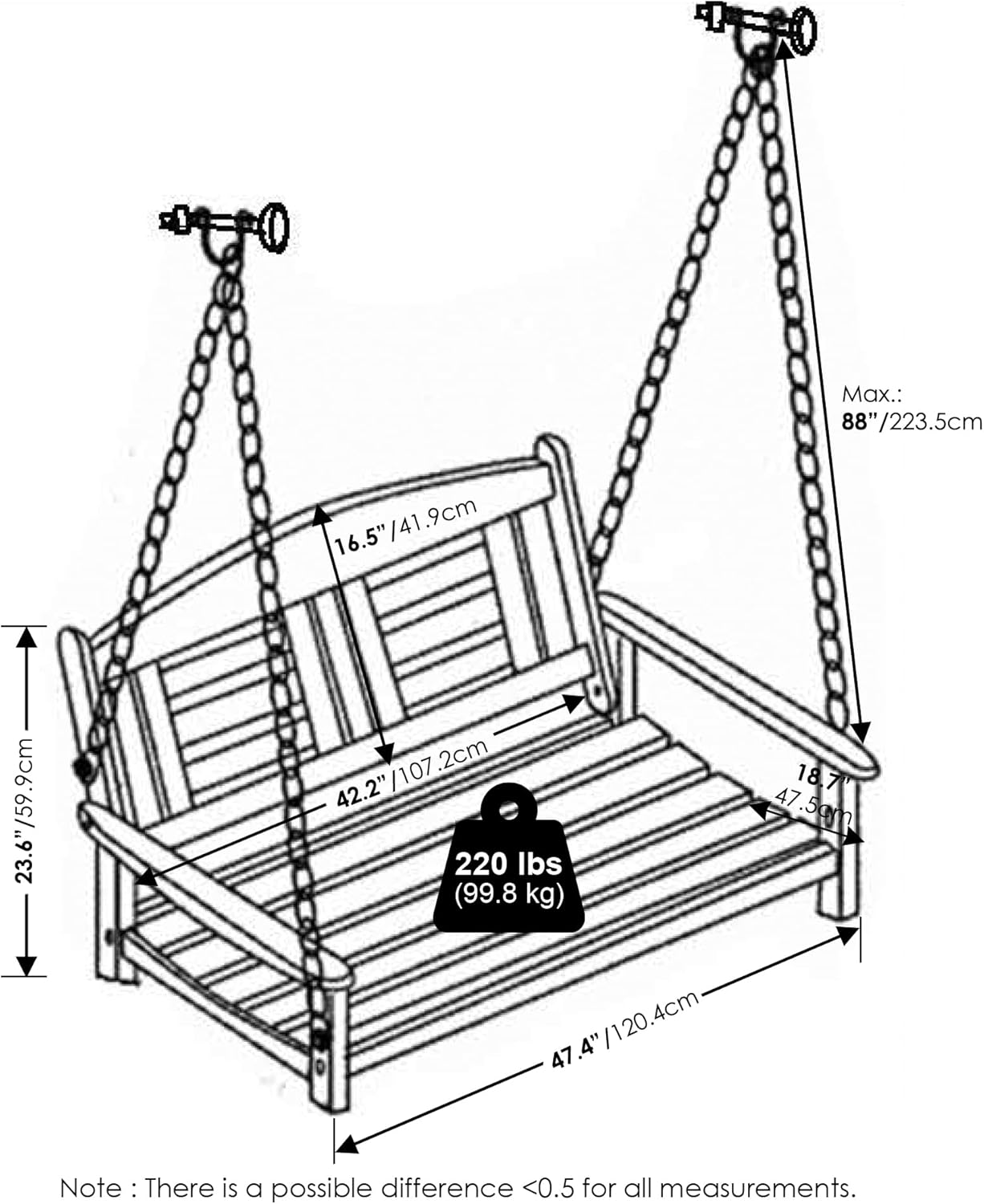 Wooden Porch Swing Bench with Chains Natural Patio Chair