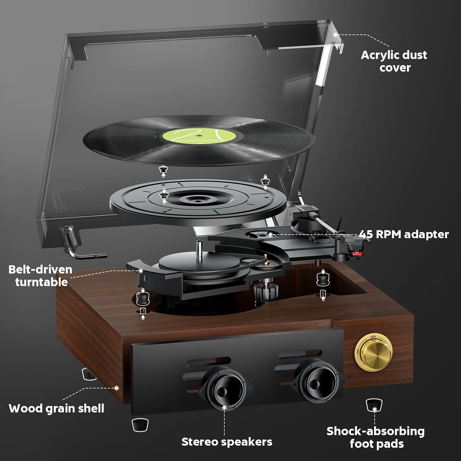 Bluetooth Vinyl Record Player 3 Speed Built In Speakers Walnut