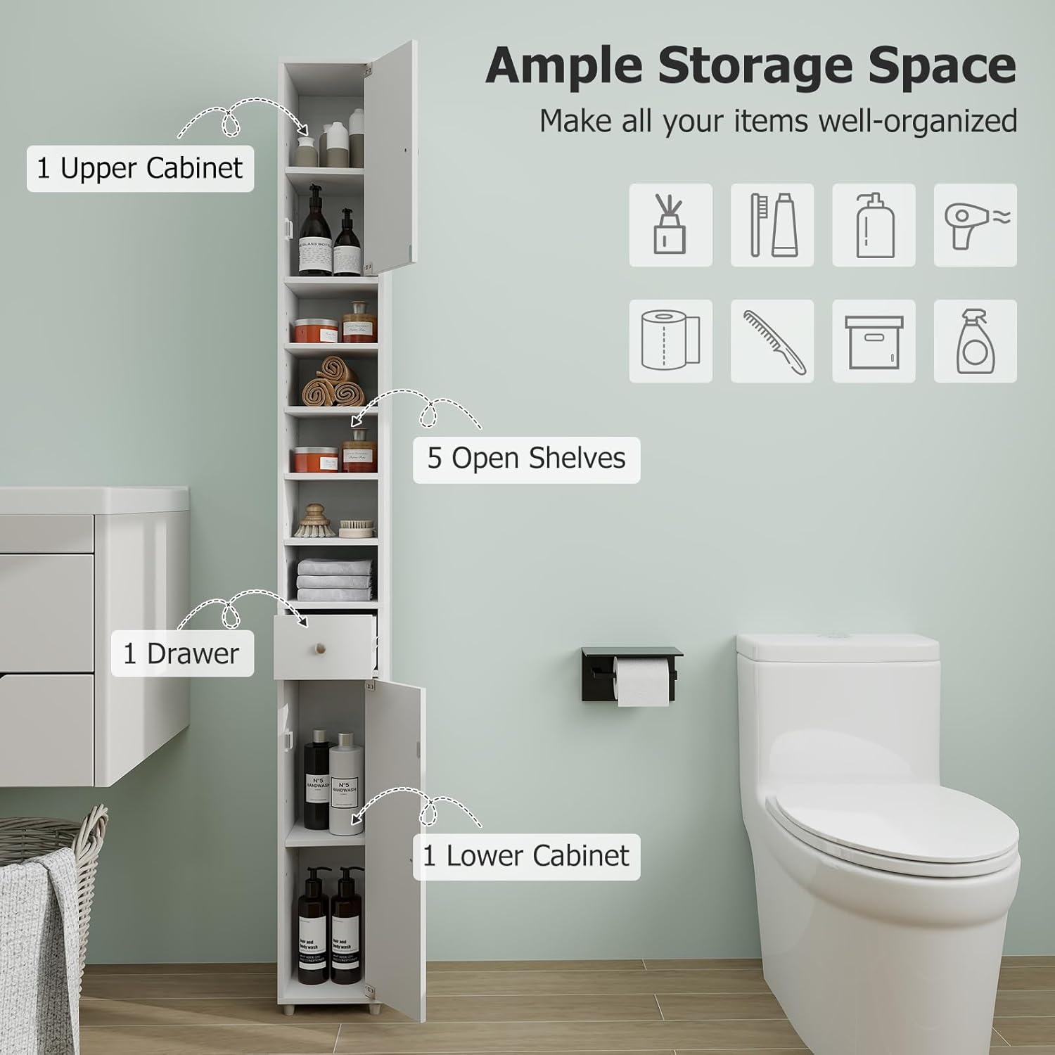 Tall Slim Bathroom Storage Cabinet Drawer Adjustable Shelves White