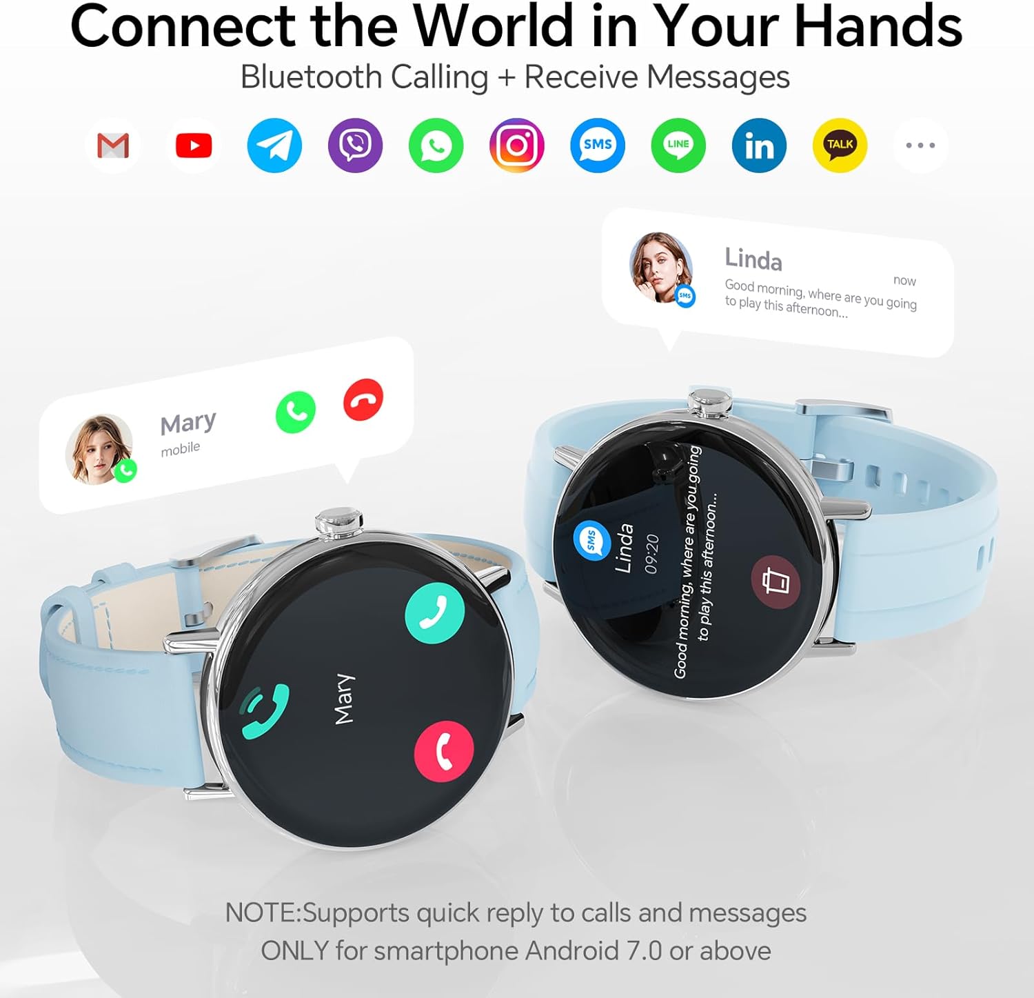 Round Smart Watch Bluetooth Calling Fitness Tracker Blue 2 Bands