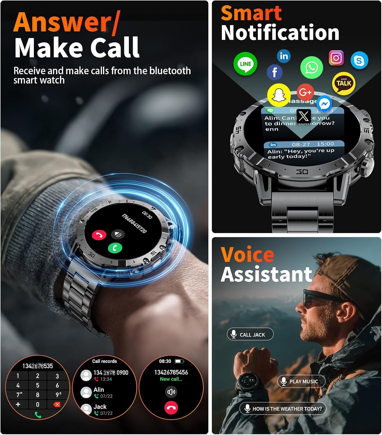 Military Smart Watch 1000mAh Bluetooth Call 100 Sports