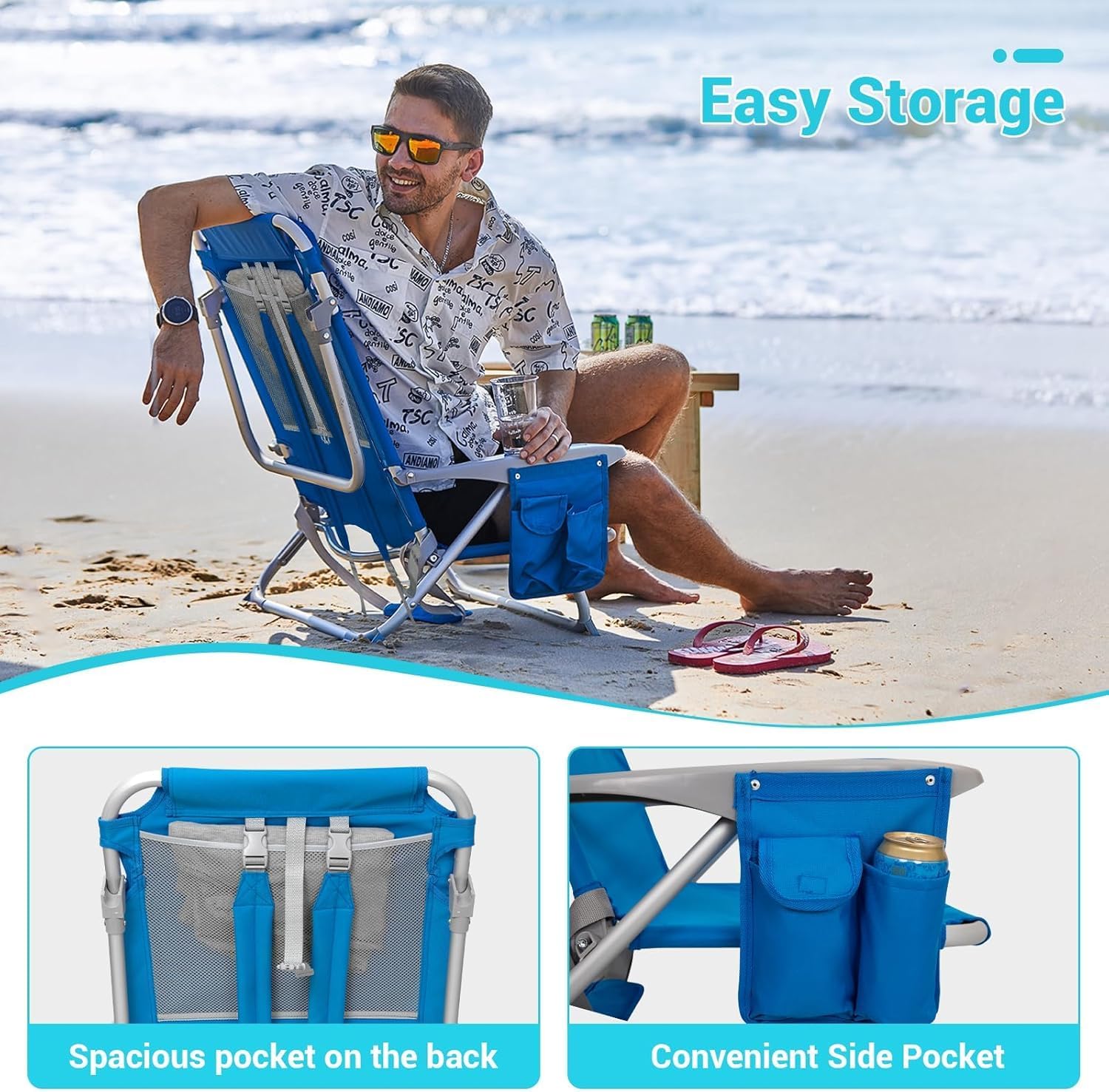 2 Pack Blue Adjustable Beach Chairs Folding Reclining Camping Seats