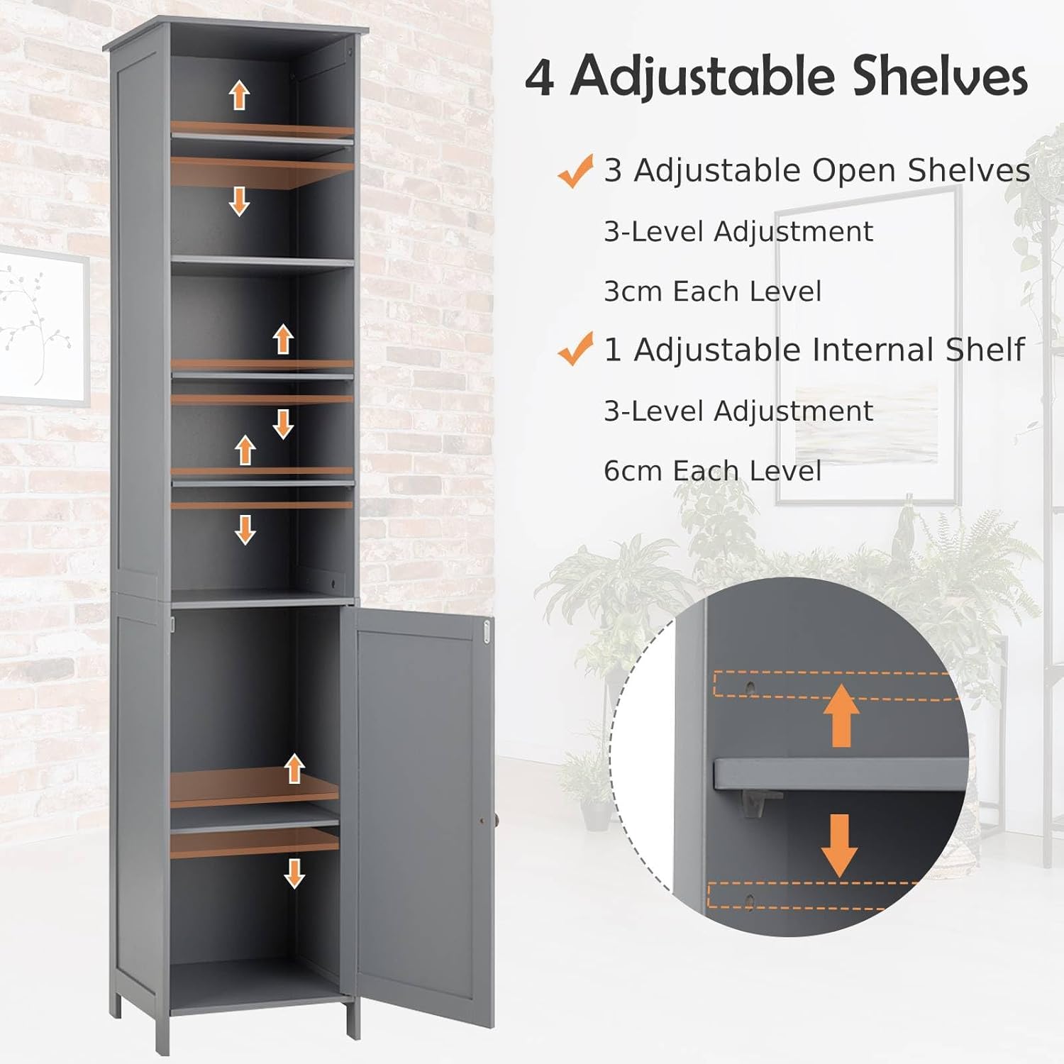 Slim Tall Bathroom Storage Cabinet 5 Shelf Cupboard Grey