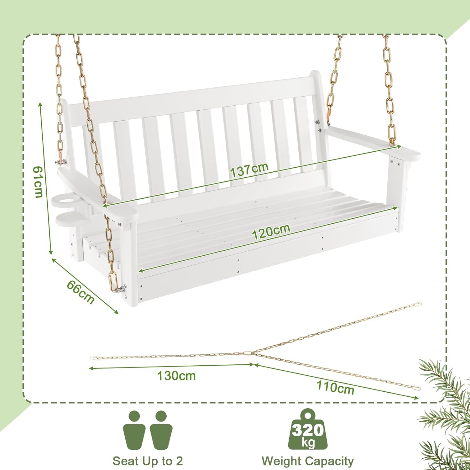 2 Seater Garden Swing Bench White Cup Holder Chains