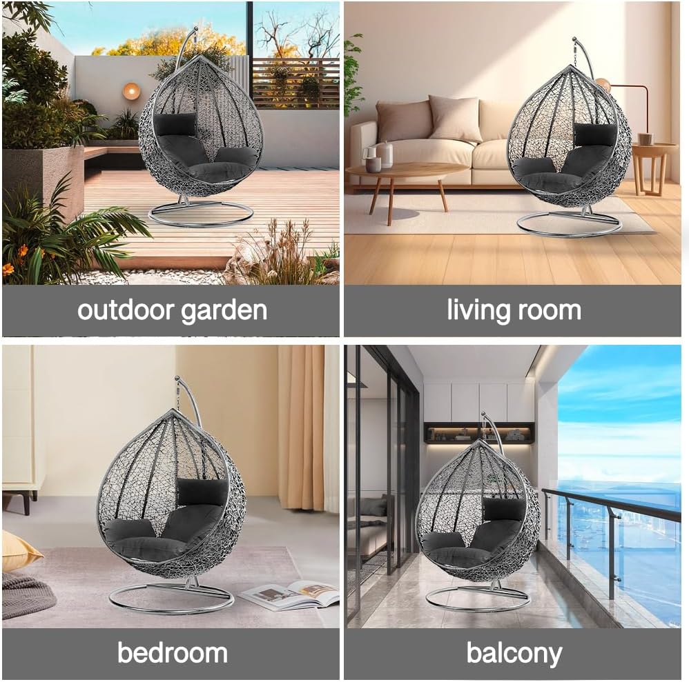 Black Rattan Egg Swing Chair with Stand Cushion Indoor Outdoor