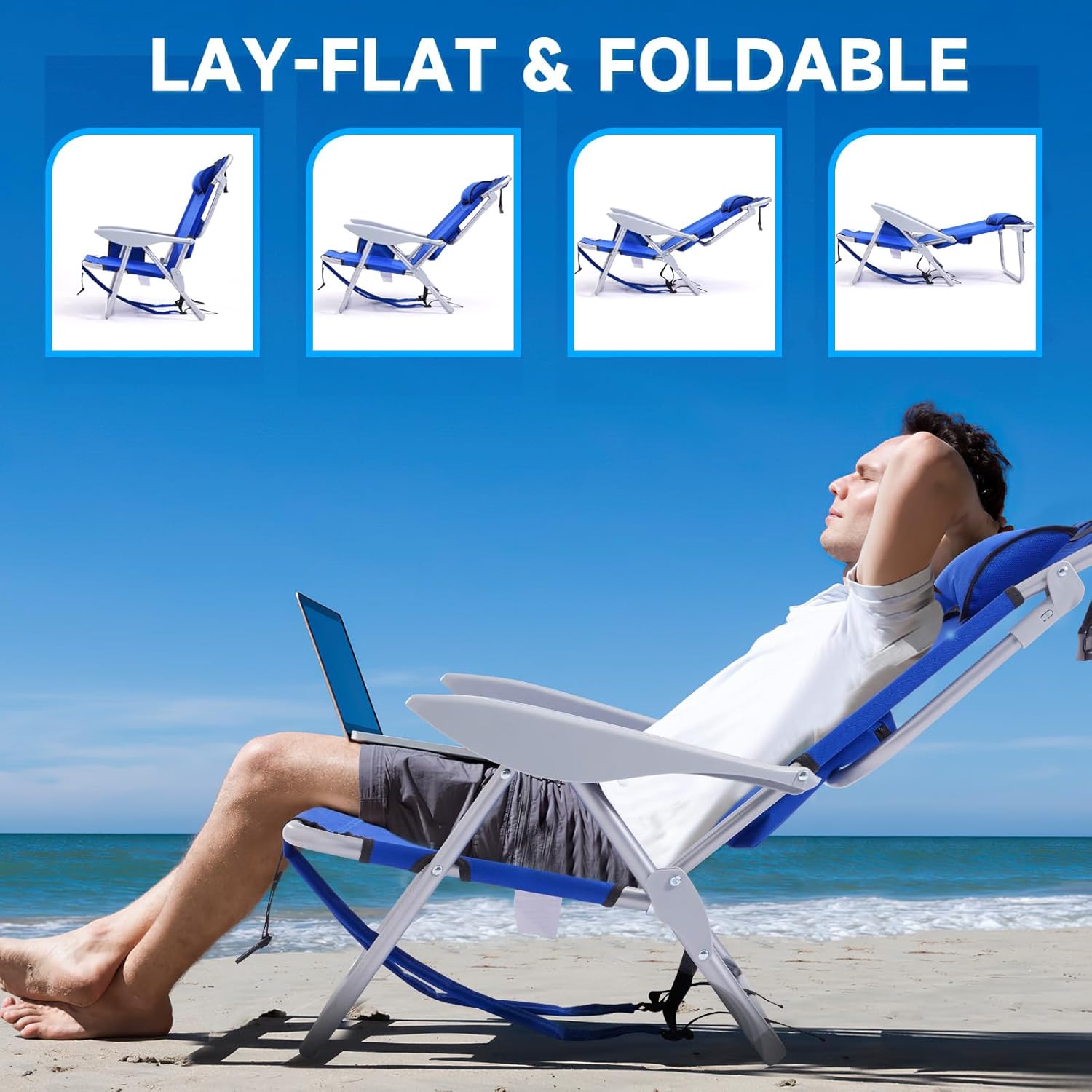 Reclining Beach Chair 5 Position Backpack Foldable Blue