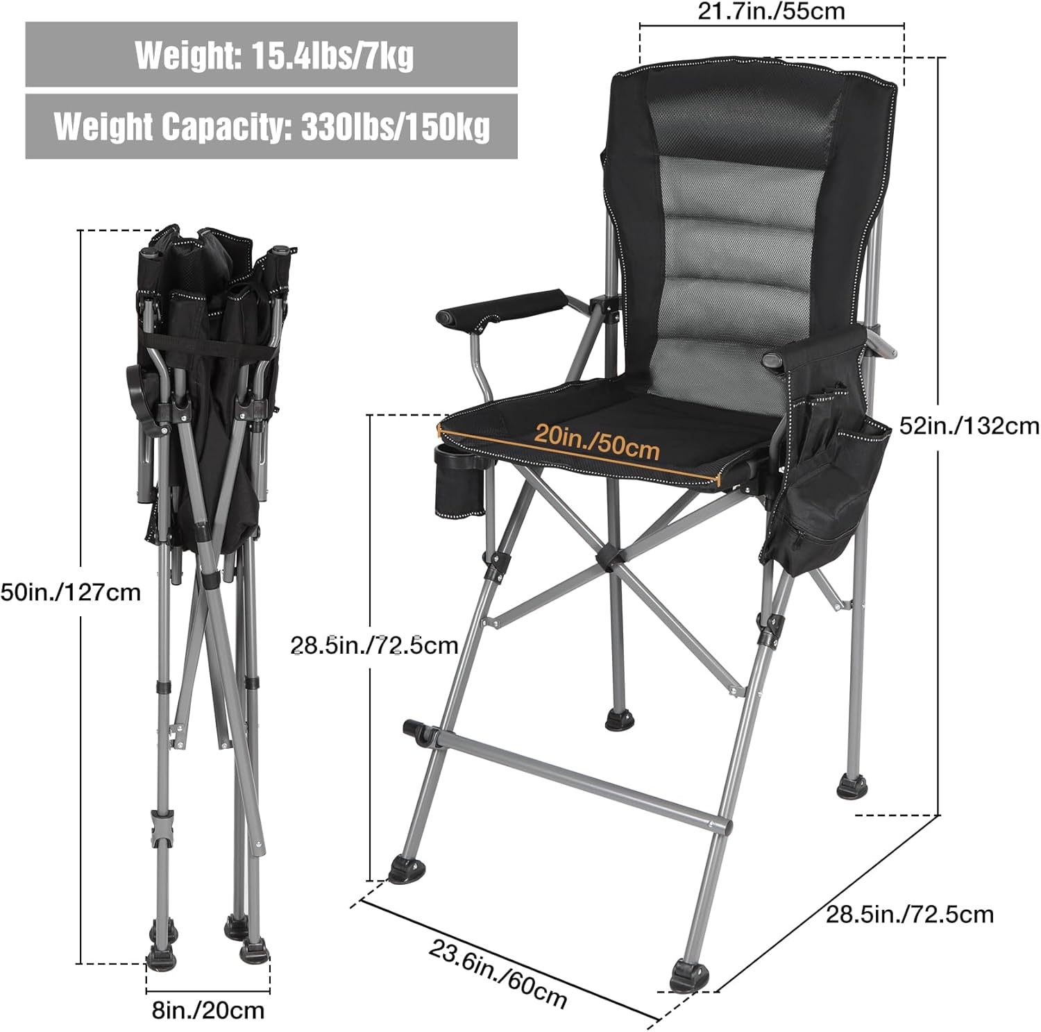Tall Folding Directors Chair with Footrest Portable Camping Chair Black Gray