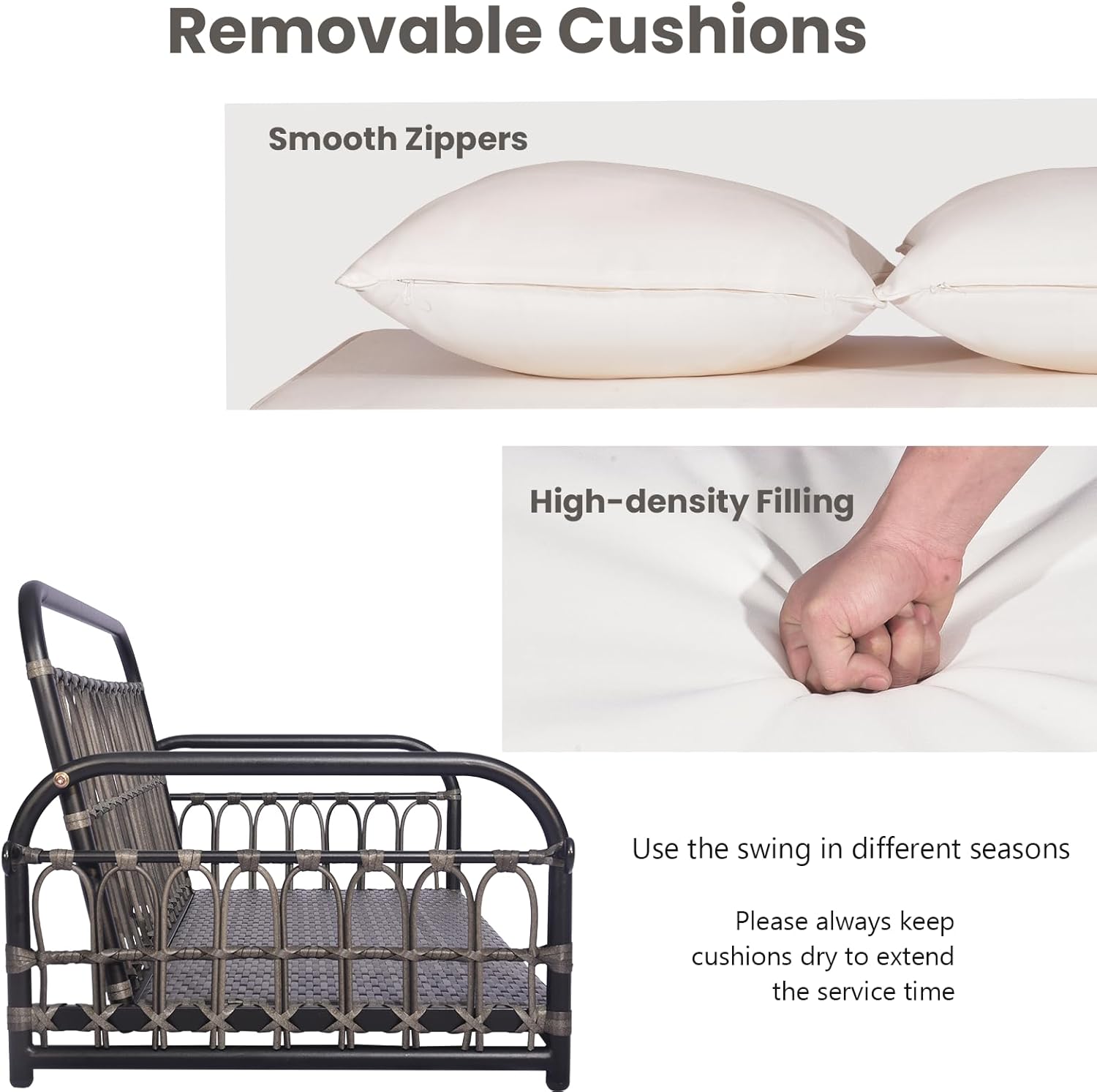 2 Seater Rattan Hanging Swing Bench Cushion Pillows Grey