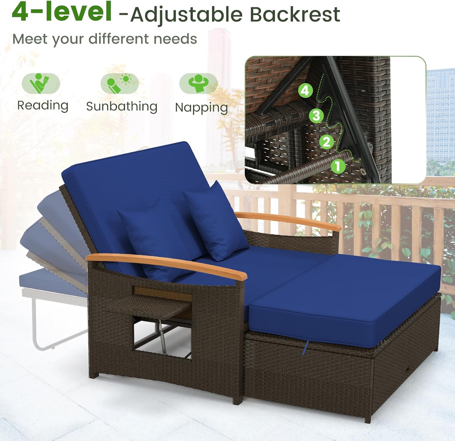 Patio Wicker Sun Lounger Daybed Adjustable Outdoor Sofa Navy