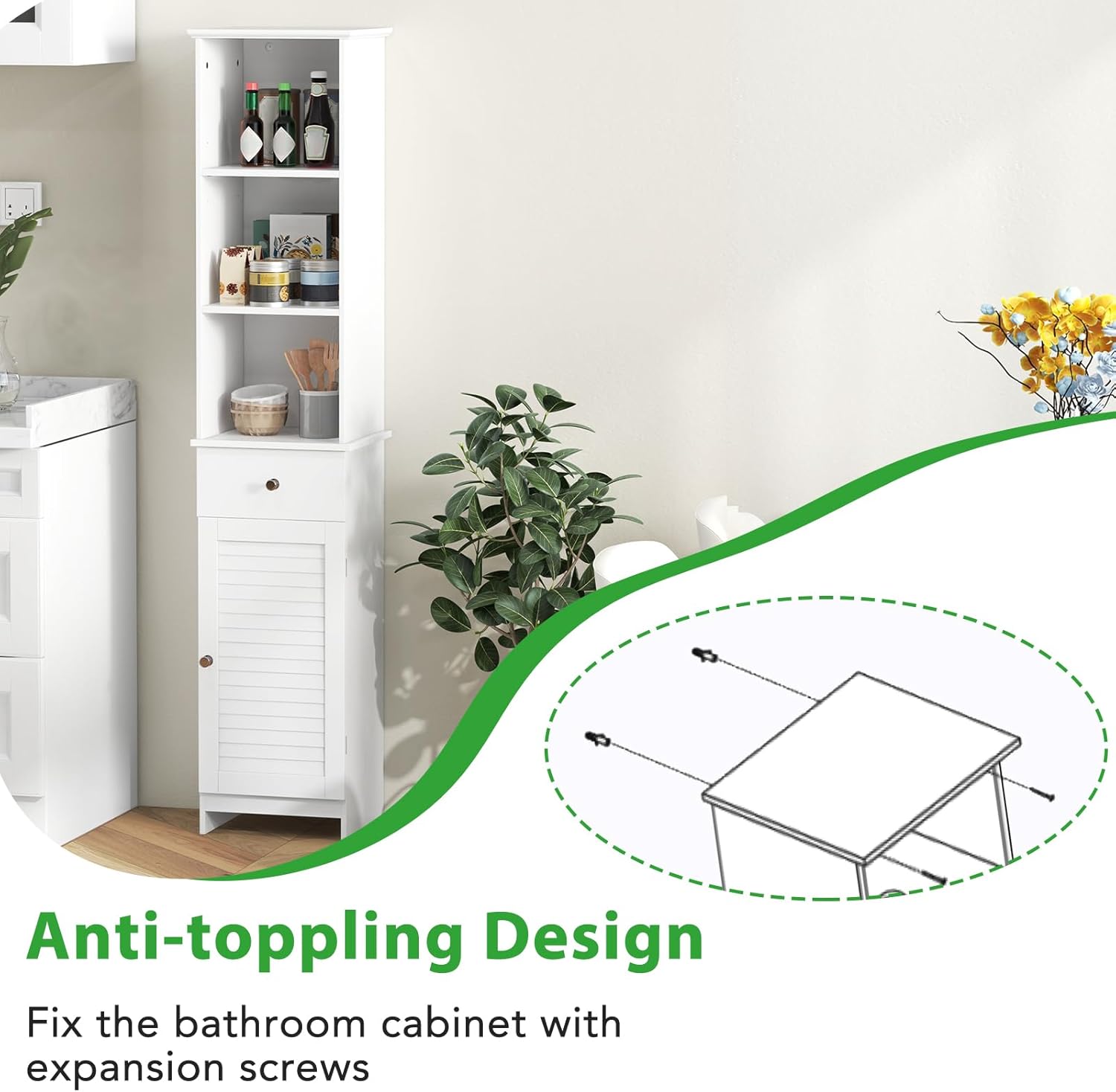 Slim Bathroom Tall Cabinet Drawer Shelf Cupboard White