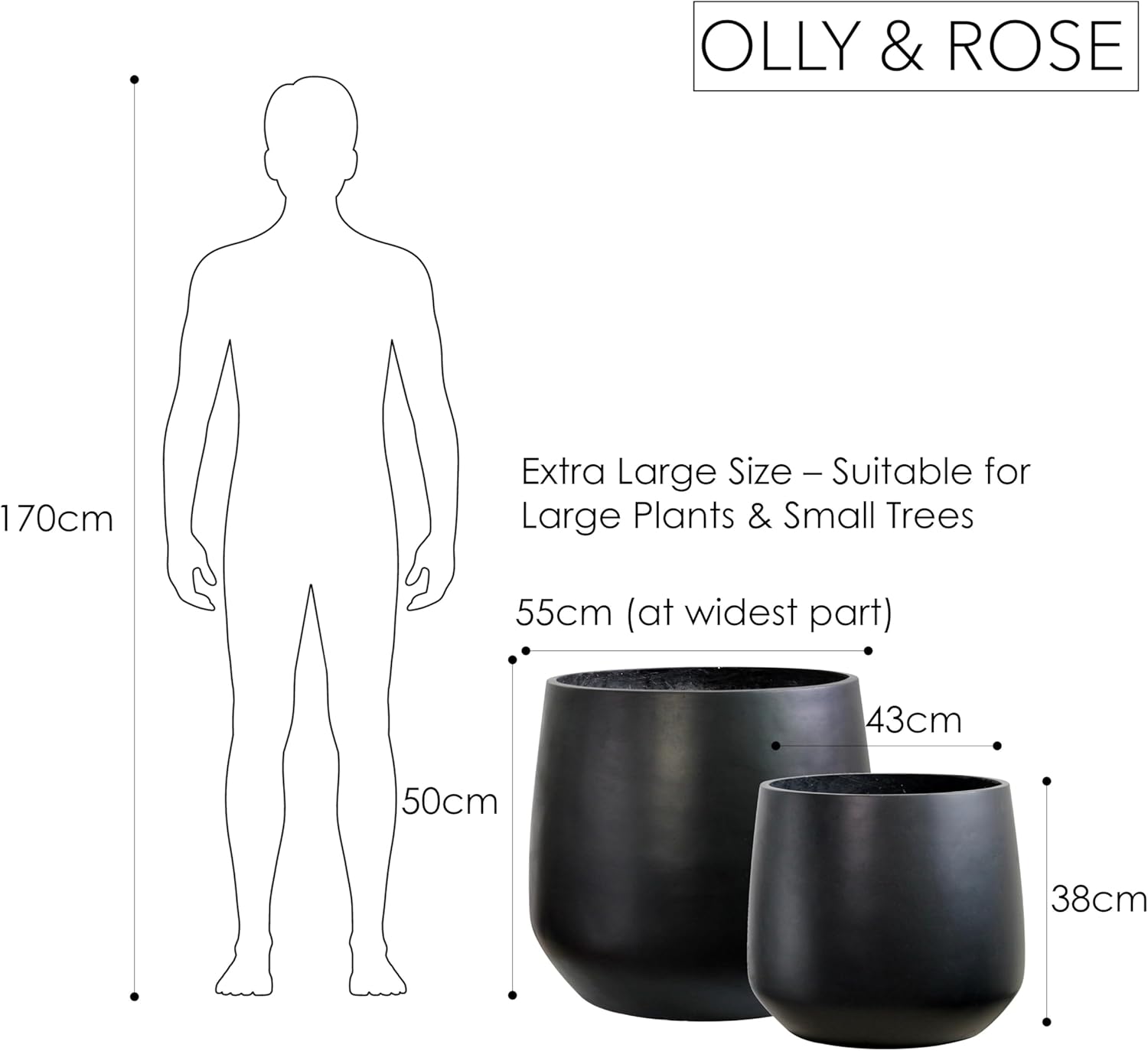 Set of 2 Large Black Planters 55cm 43cm Fibrestone Pots