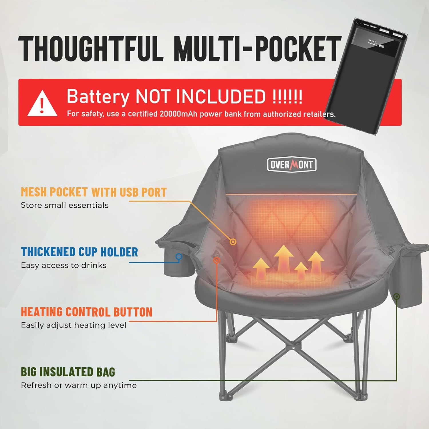 Heated XL Camping Chair 400lb Oversized Padded Black