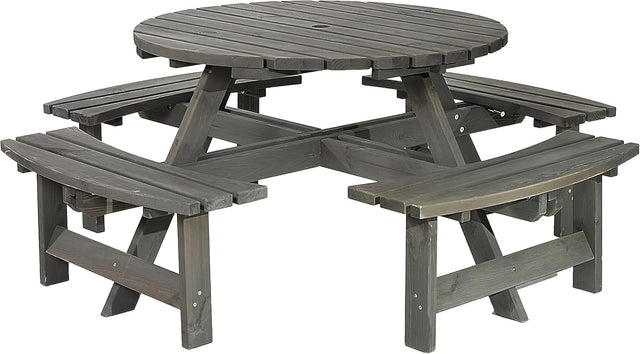 8 Seater Round Wooden Picnic Table with Benches Parasol Hole 180cm