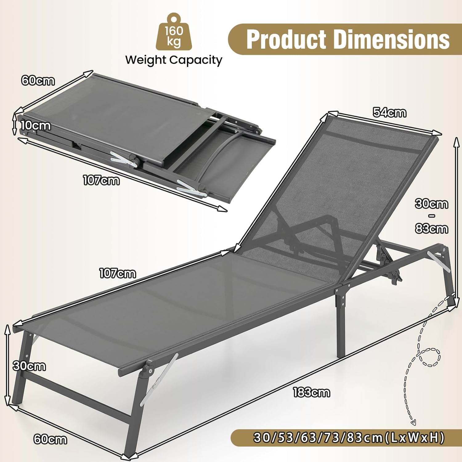 Folding Sun Lounger 5 Position Reclining Garden Chair Grey