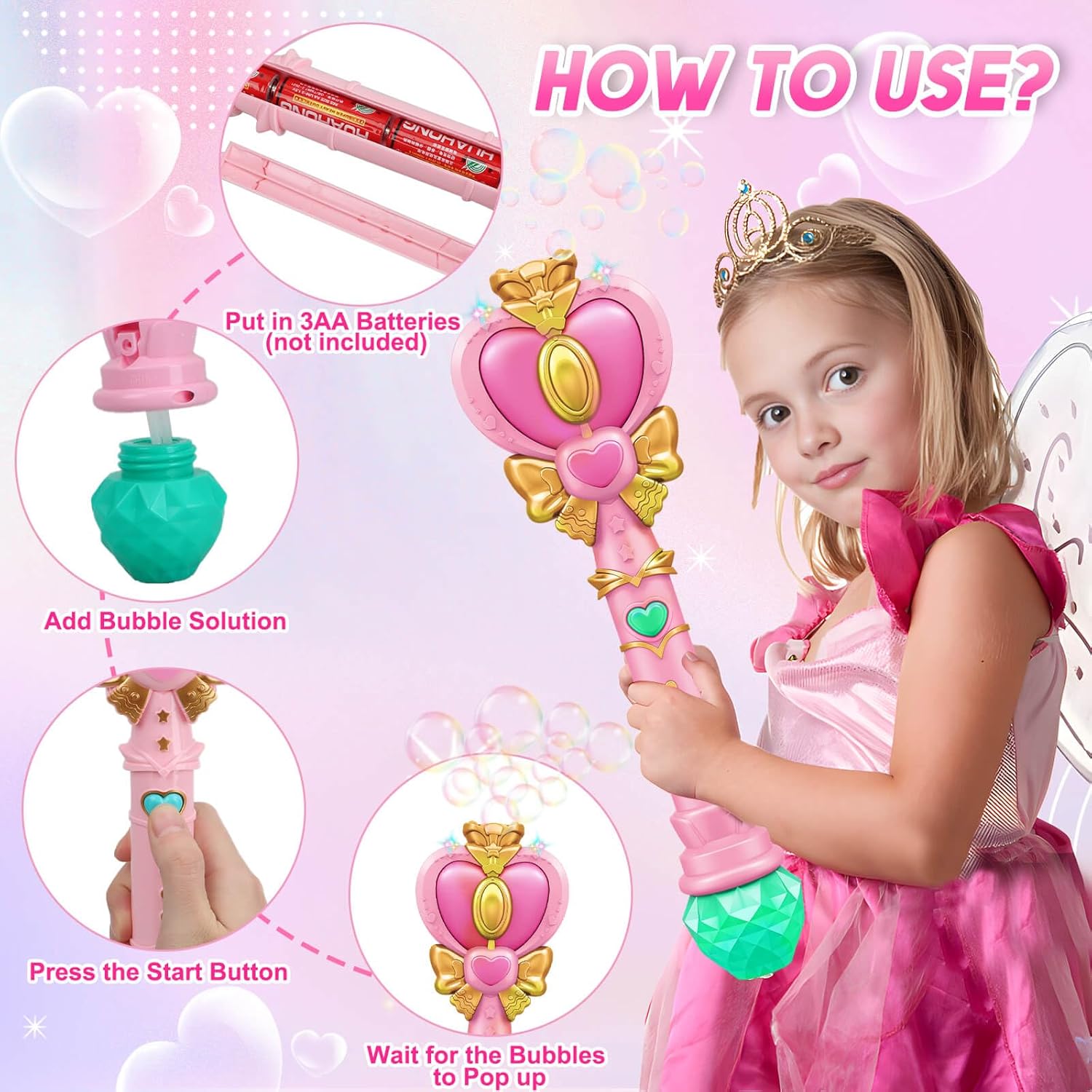 Princess Bubble Wand LED Music Girls Party Toy Pink