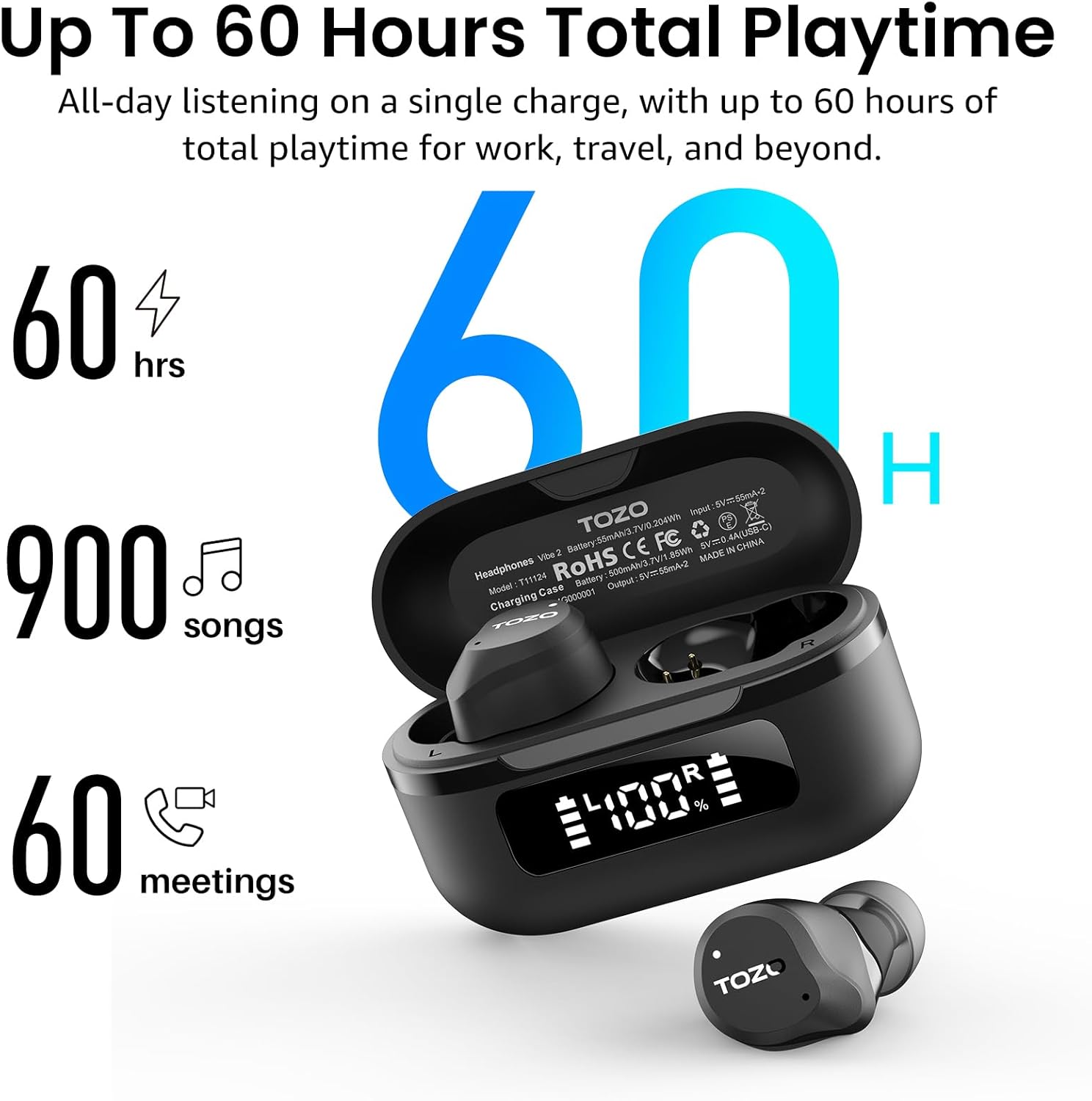 Wireless ANC Bluetooth Earbuds 60 Hour Playtime ENC Mic IPX8