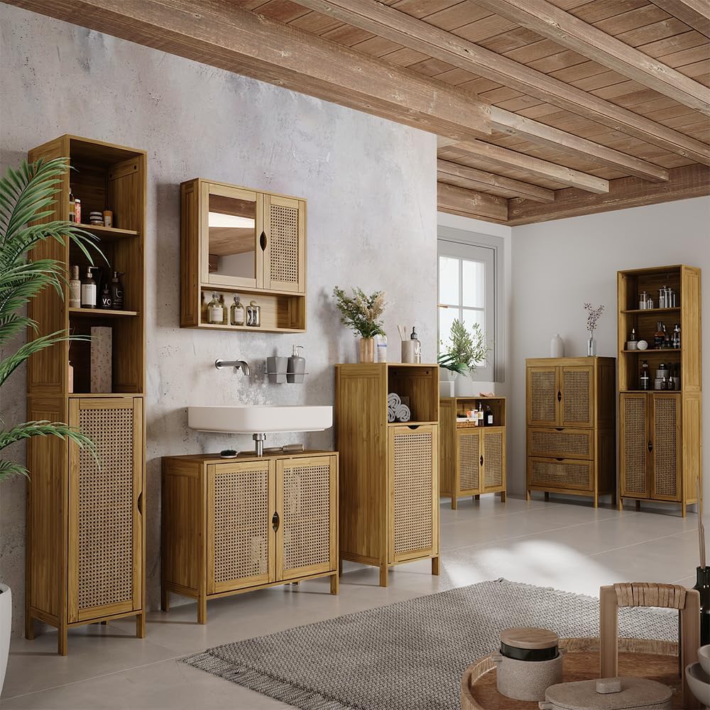 Slim Bamboo Bathroom Tall Cabinet Storage Shelf Towel Unit