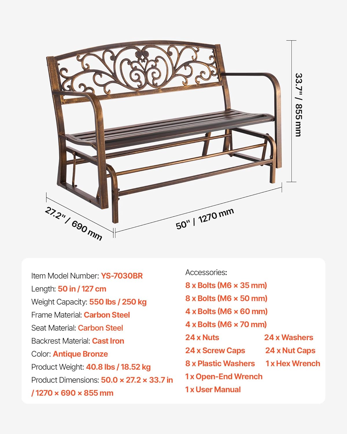 Metal Outdoor Glider Bench 2-3 Seater Patio Garden Rocking Seat