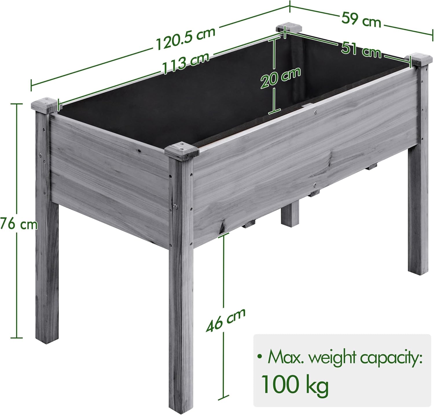 Raised Wooden Garden Bed Grey Elevated Planter Box 120cm
