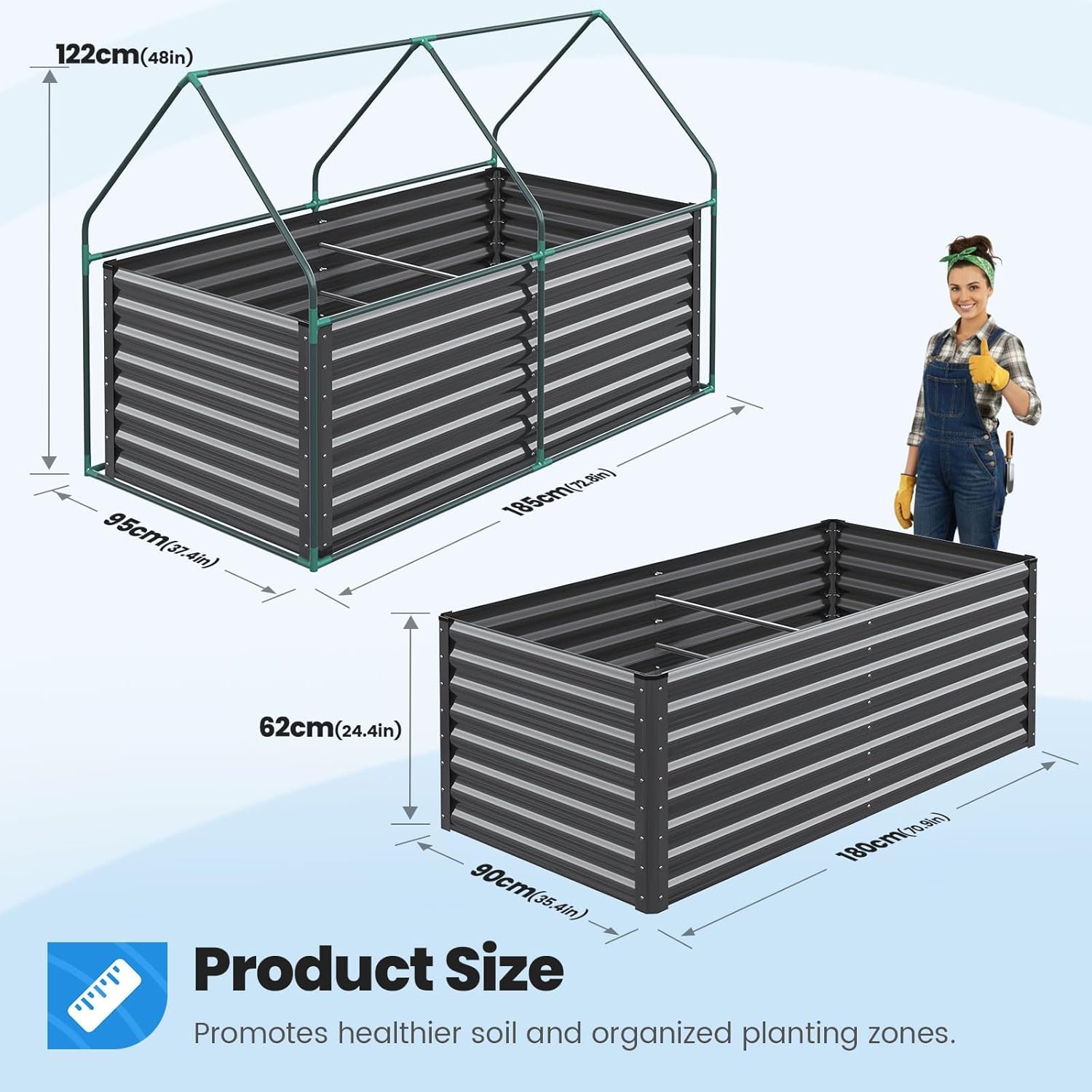 Large Raised Garden Bed with Greenhouse Cover 185x95cm Steel
