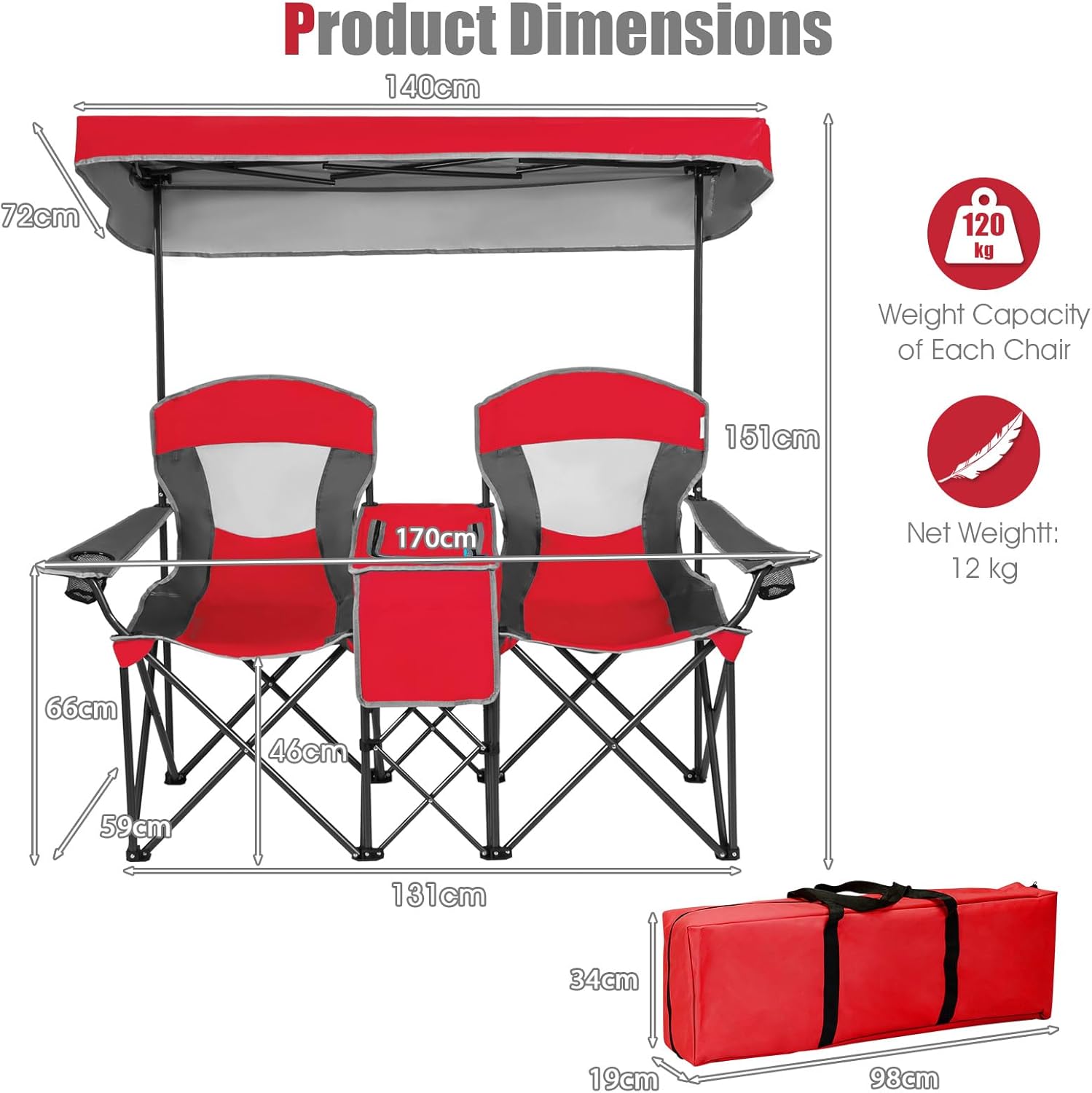 Red Double Camping Chair with Canopy 2 Seater