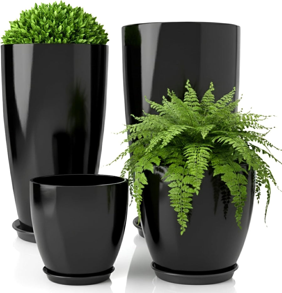 Plant Pots Set of 4 Black Tall Planters 25 30 35cm Indoor Outdoor