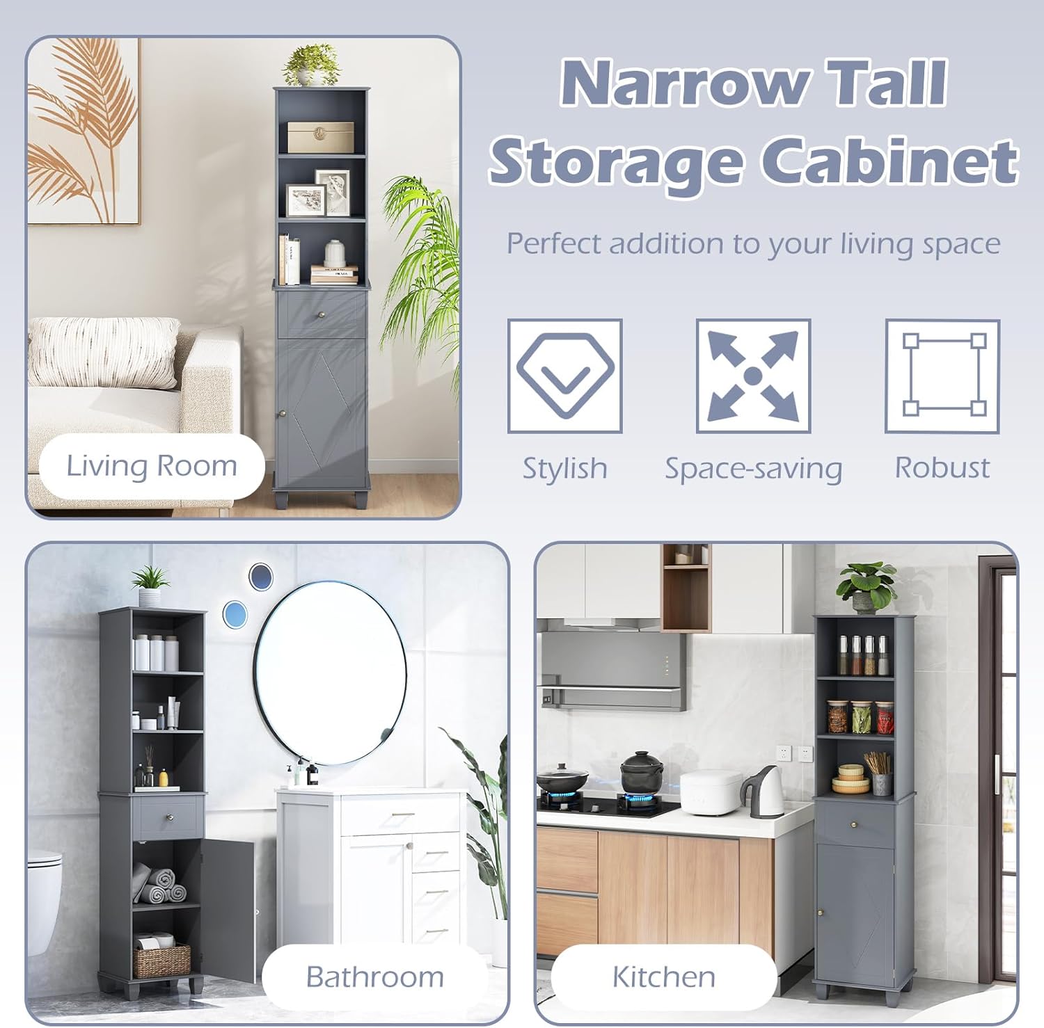 Slim Tall Storage Cabinet Grey Drawer Shelf Door Unit
