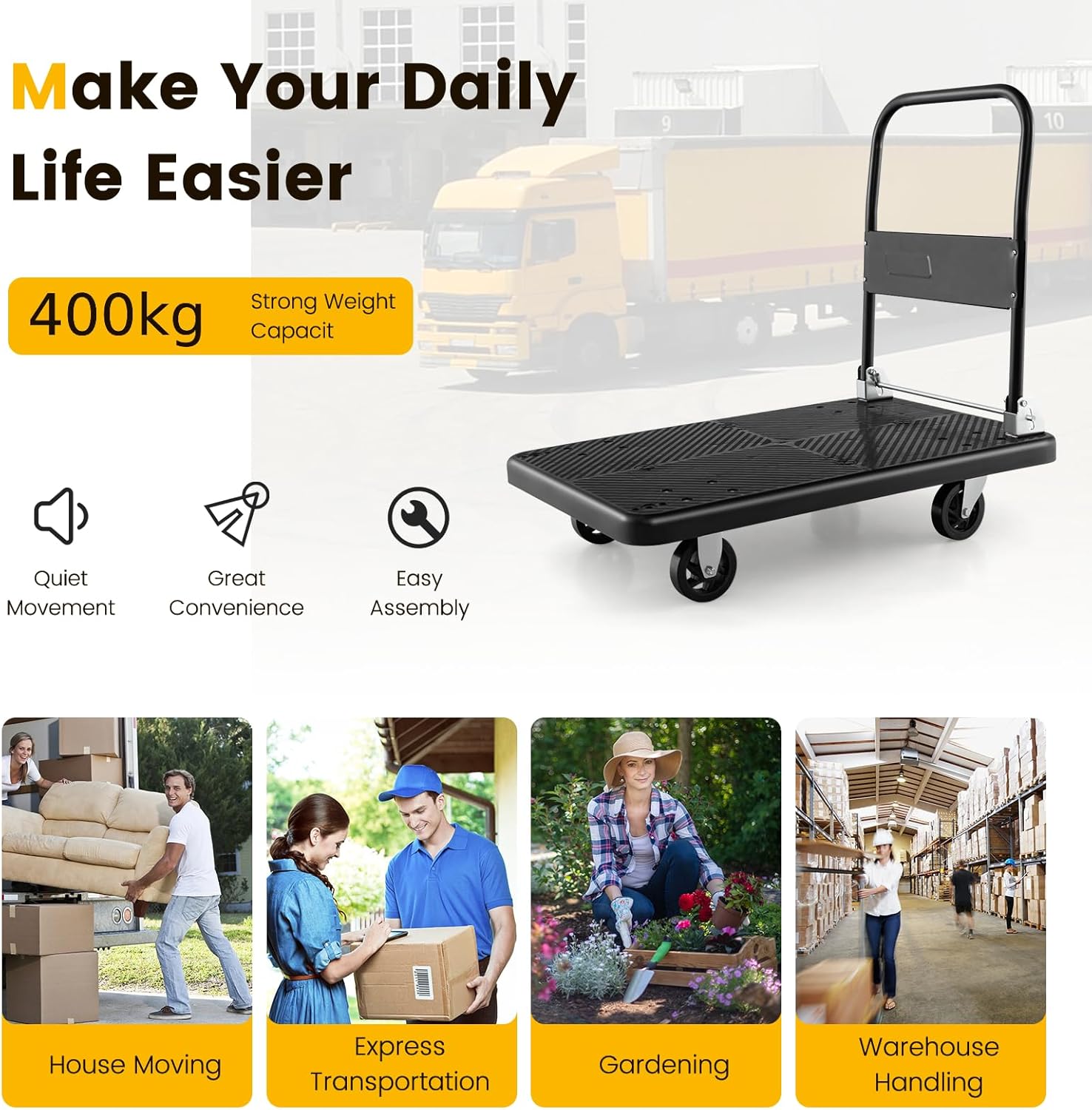 Folding Push Cart Dolly 400KG Flatbed Trolley Black