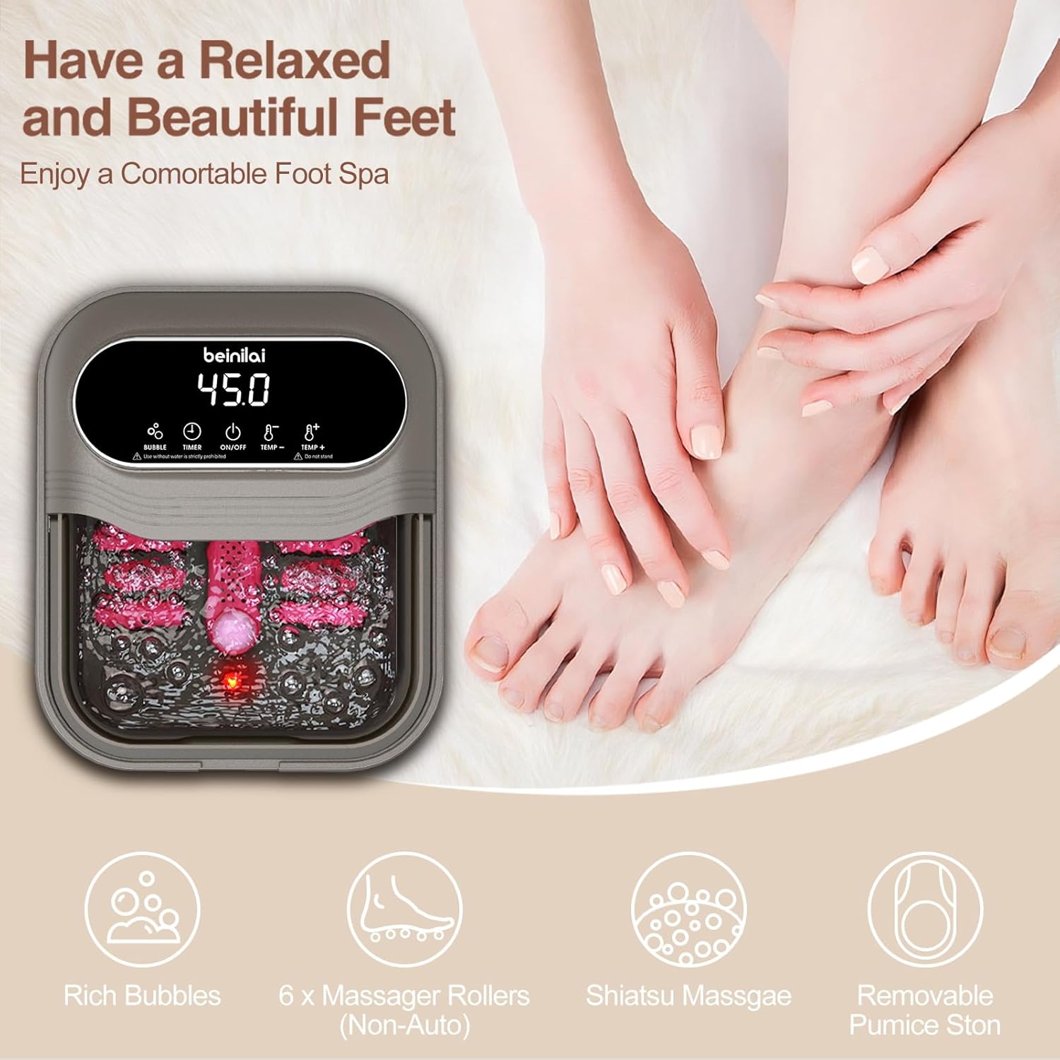 Collapsible Foot Spa Massager Heat Bubble Roller Bath Temp Control