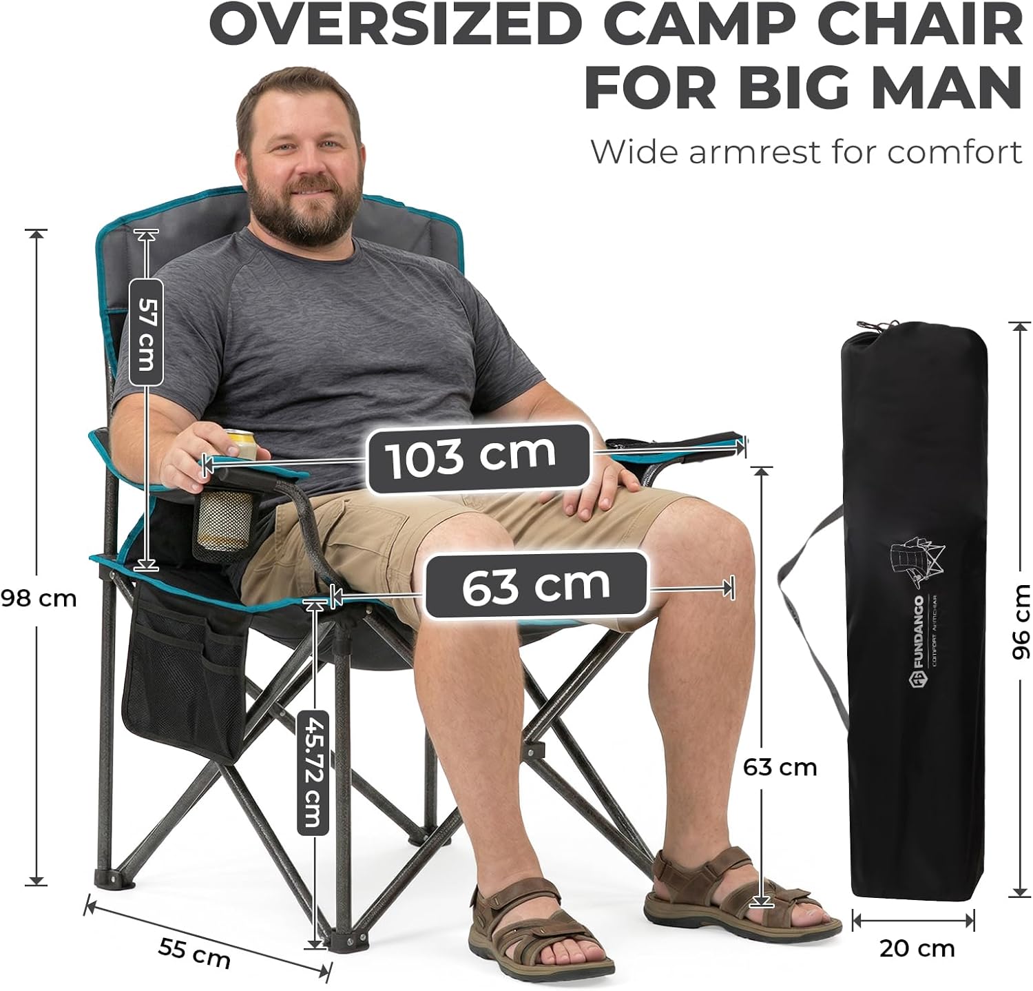 Oversized Camping Chair 550LB with Cooler Pocket Black Grey