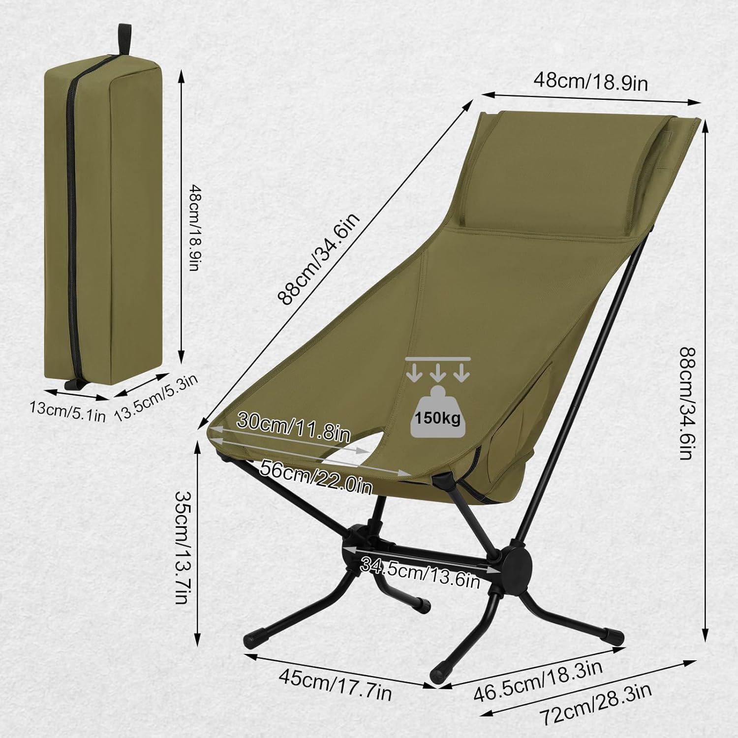 Set of 2 High Back Folding Camping Chairs Lightweight Green