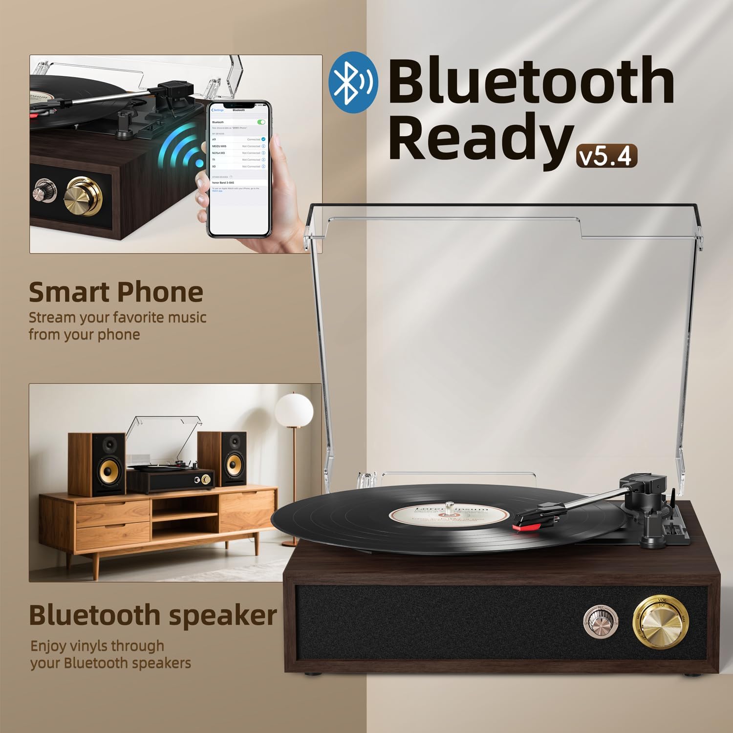 Bluetooth Record Player 3 Speed USB MP3 Recording Walnut
