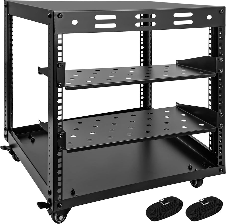 10U Open Frame Server Rack with Wheels 2 Shelves