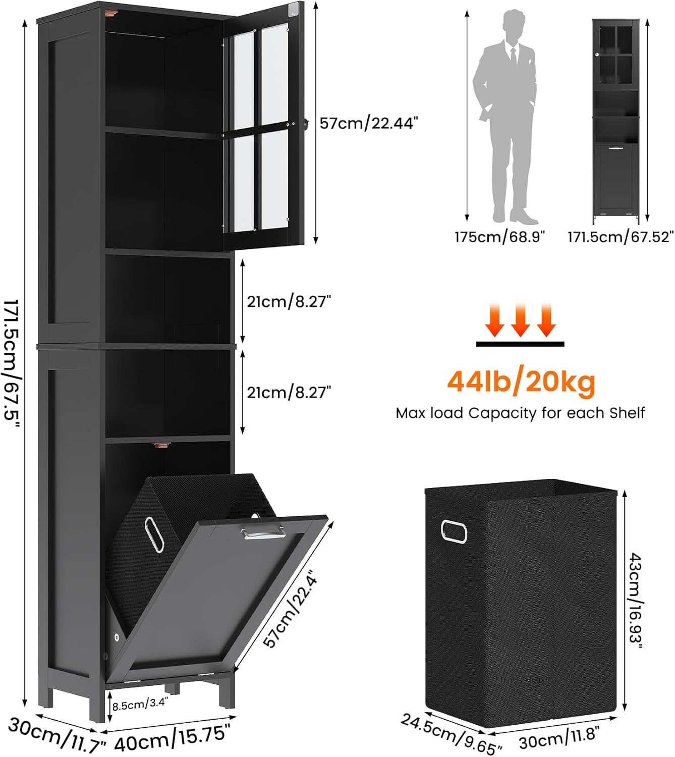 Tall Bathroom Cabinet Black Laundry Basket Shelf Unit