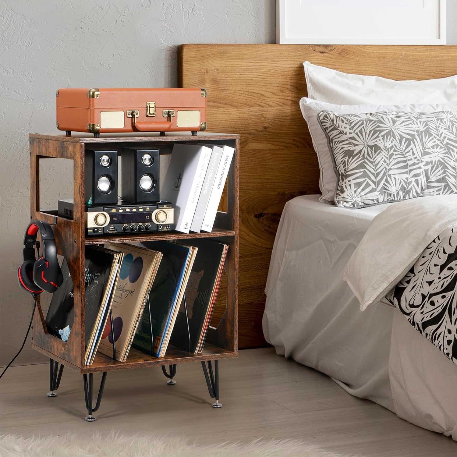 Rustic Record Player Stand with Vinyl Storage Cabinet Holds 160 Albums